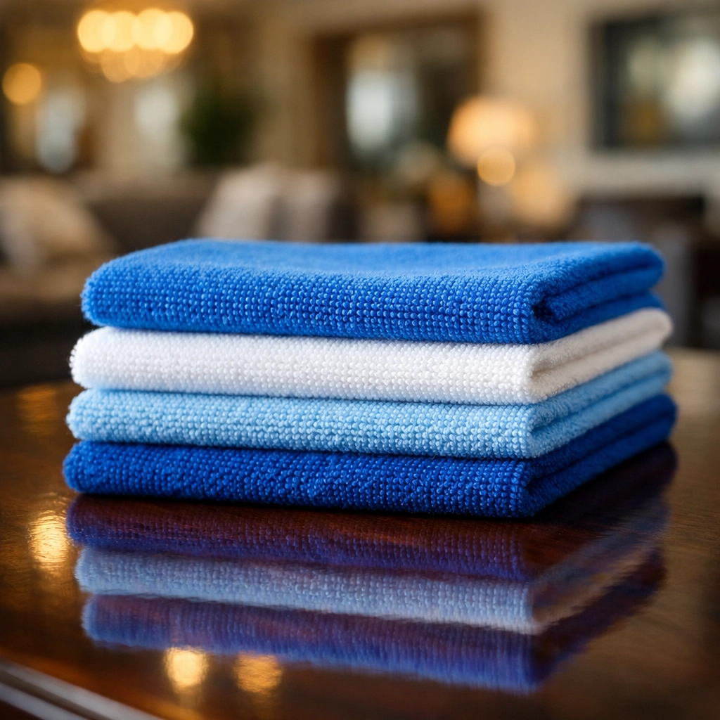 Stacked blue and white microfiber cloths used for streak-free professional house cleaning in Boston MA.