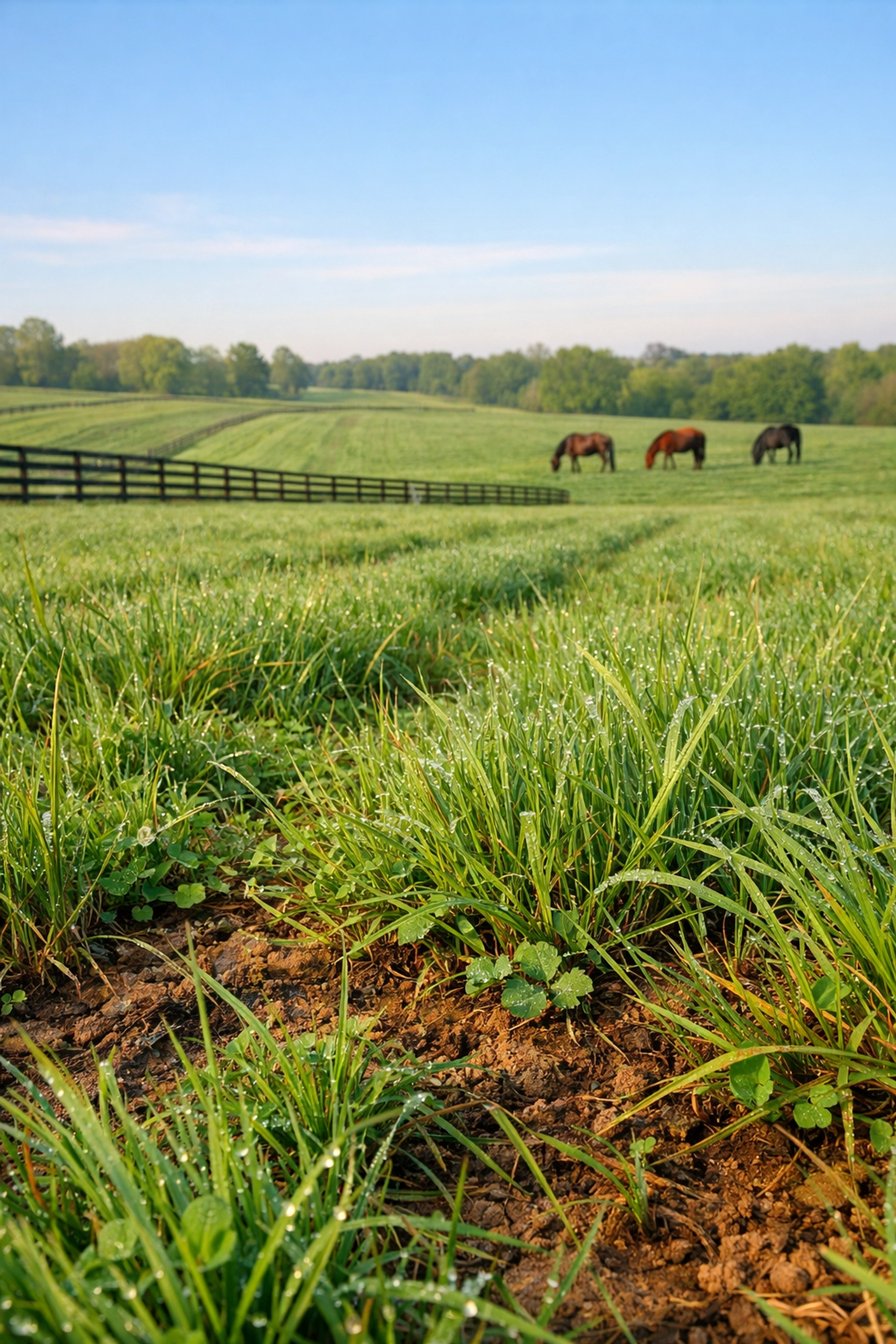 Healthy managed pastureland with horses grazing at Union County NC equestrian property