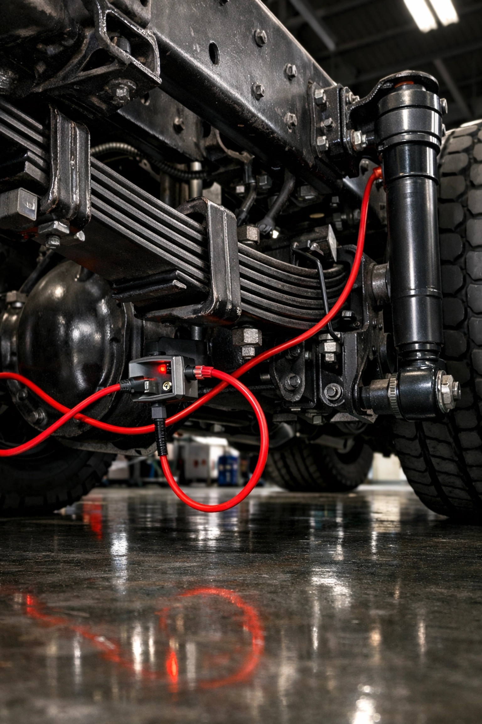 Truck undercarriage with diagnostic sensors for proactive fleet maintenance and inspections.