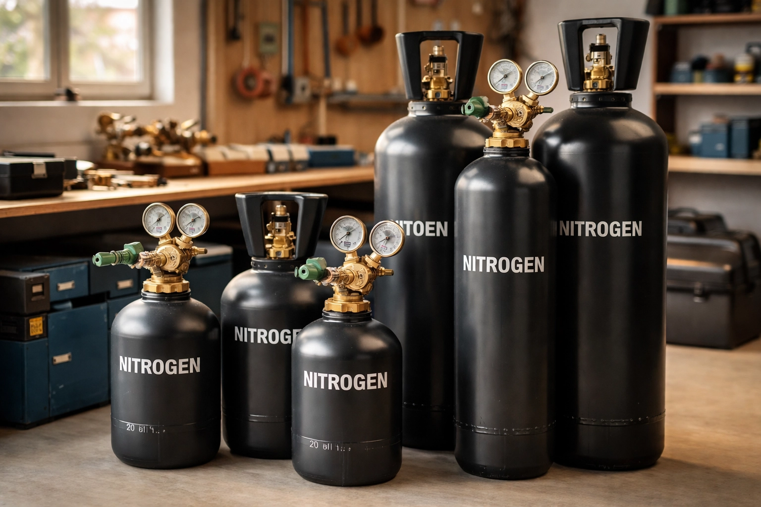 Selection of nitrogen gas cylinders in HVAC workshop for air conditioning installation and maintenance