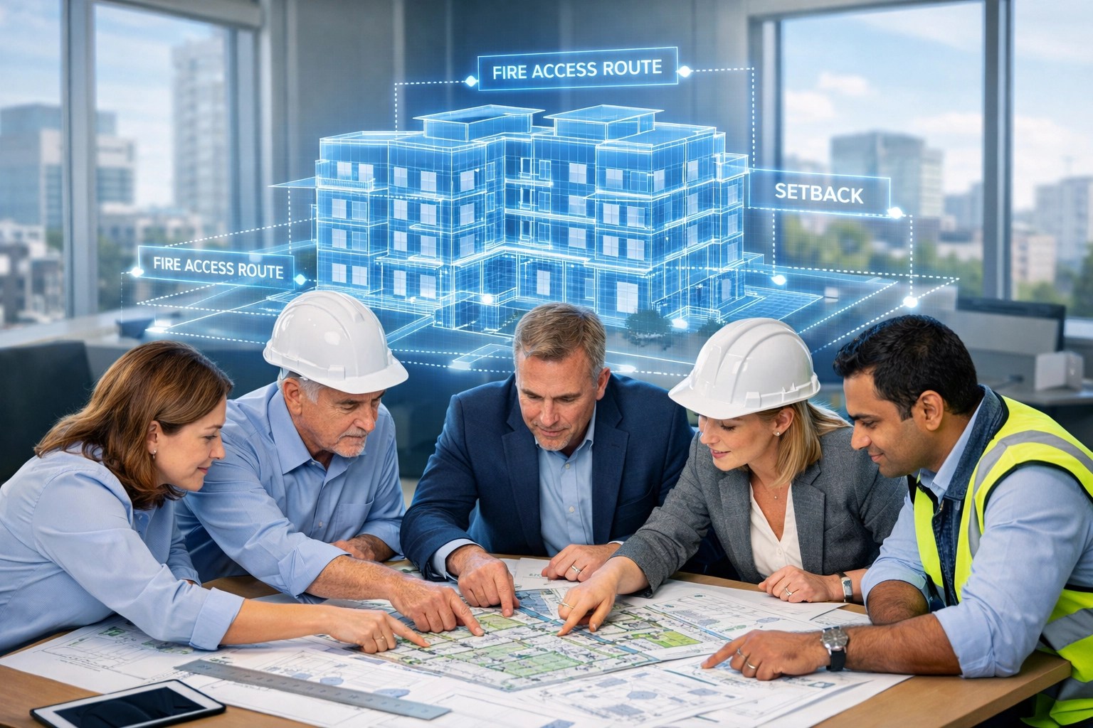 Civil engineers and municipal planners reviewing an Ontario site plan for development approval.