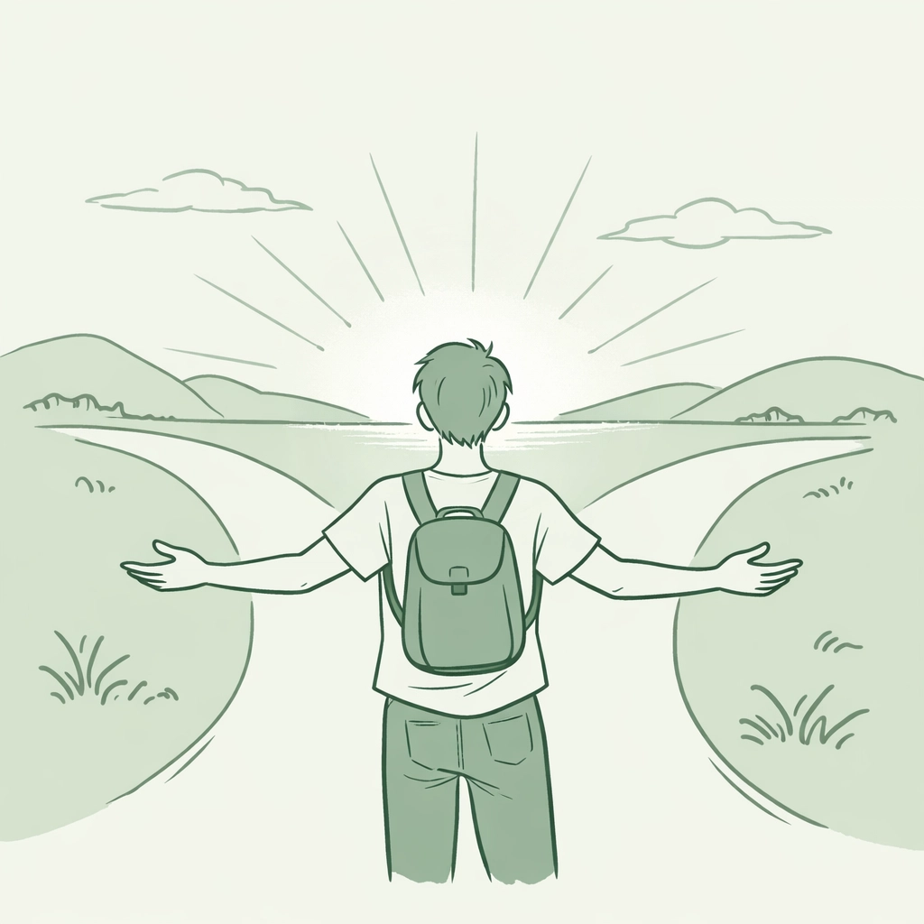 Trans man at crossroads facing sunrise symbolizing liberation and authentic living