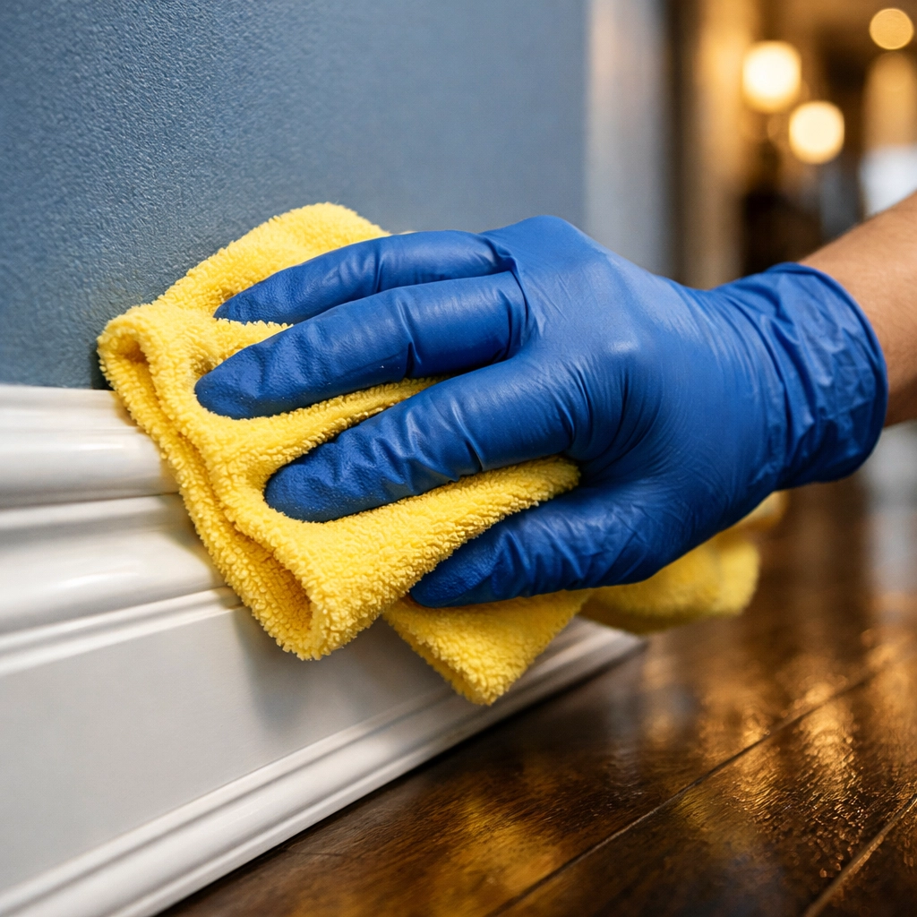 Professional cleaner hand-wiping baseboards during a deep cleaning Marlborough residential service.