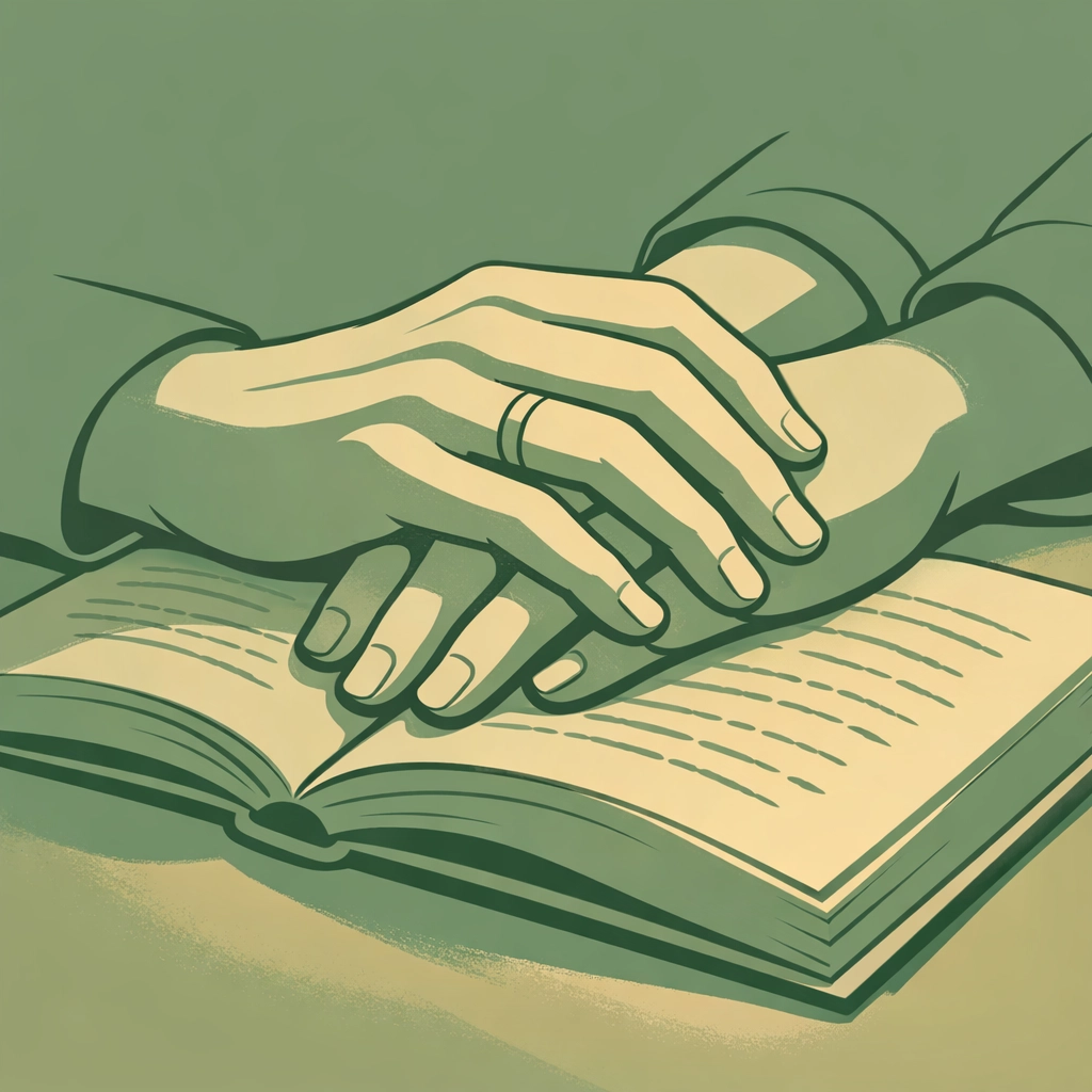 Intertwined hands of male couple resting on open book representing literary MM romance