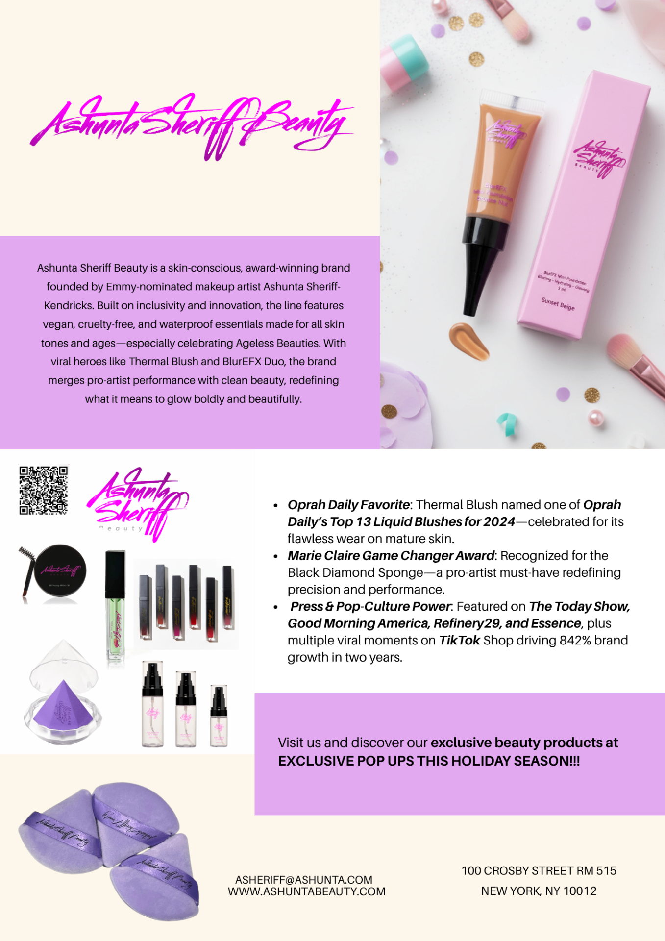 Ashunta Sheriff Beauty highlights innovative, vegan, cruelty-free, and waterproof makeup products for all skin tones. Key items like Thermal Blush and BlurEFX Duo are featured, alongside award-winning Black Diamond Sponge.