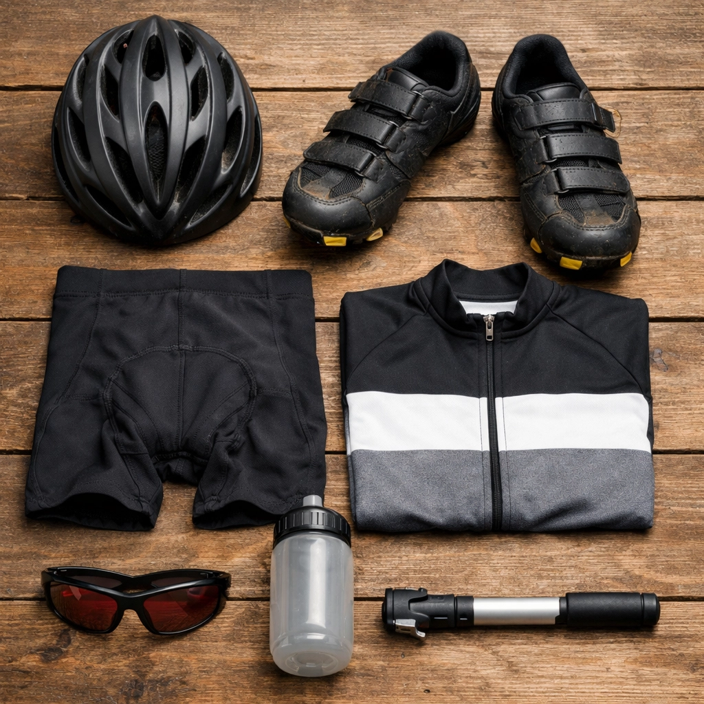 Essential cycling gear including helmet, shoes, and kit for road bike hire