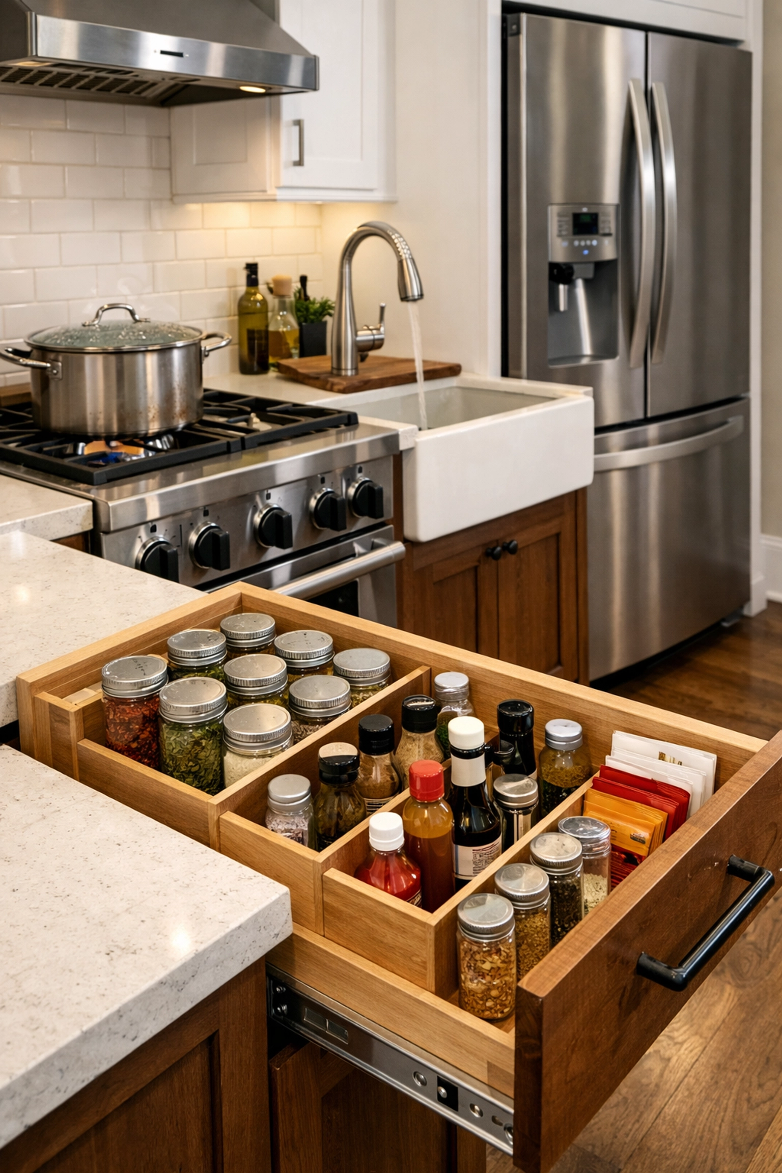 Functional kitchen layout with a farmhouse sink and pull-out spice rack storage.