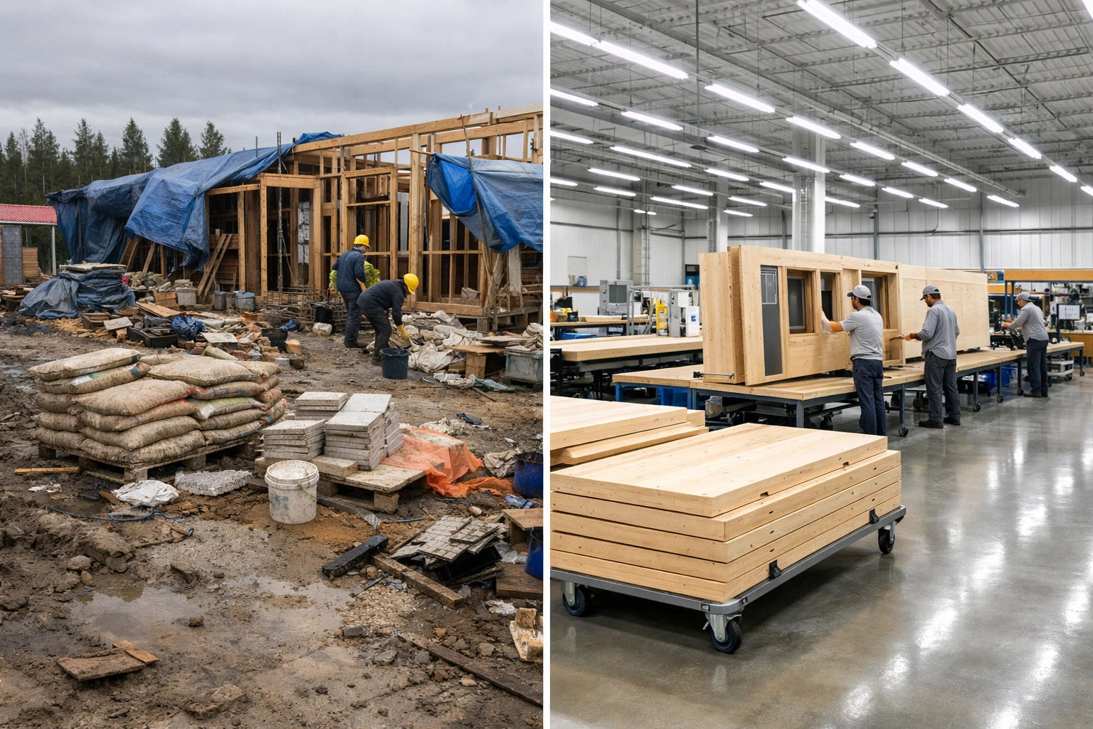 Chaotic traditional building site compared to organized modular home factory in WA