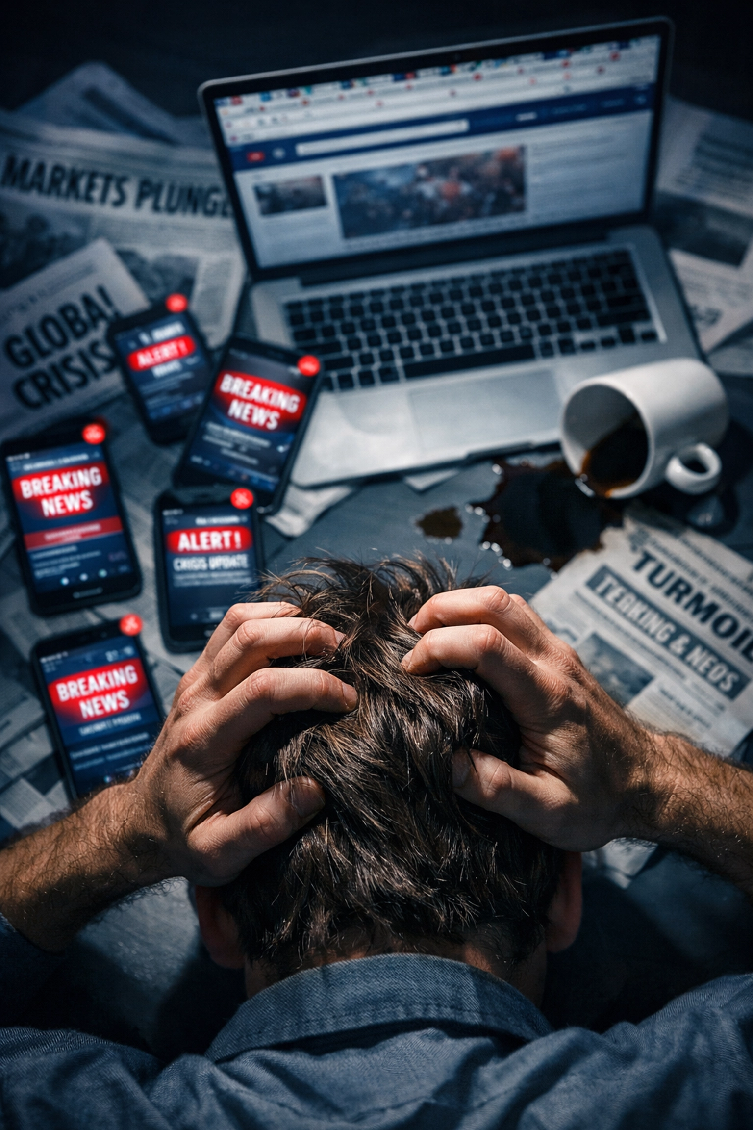 Person overwhelmed by news alerts and breaking headlines across multiple devices at desk