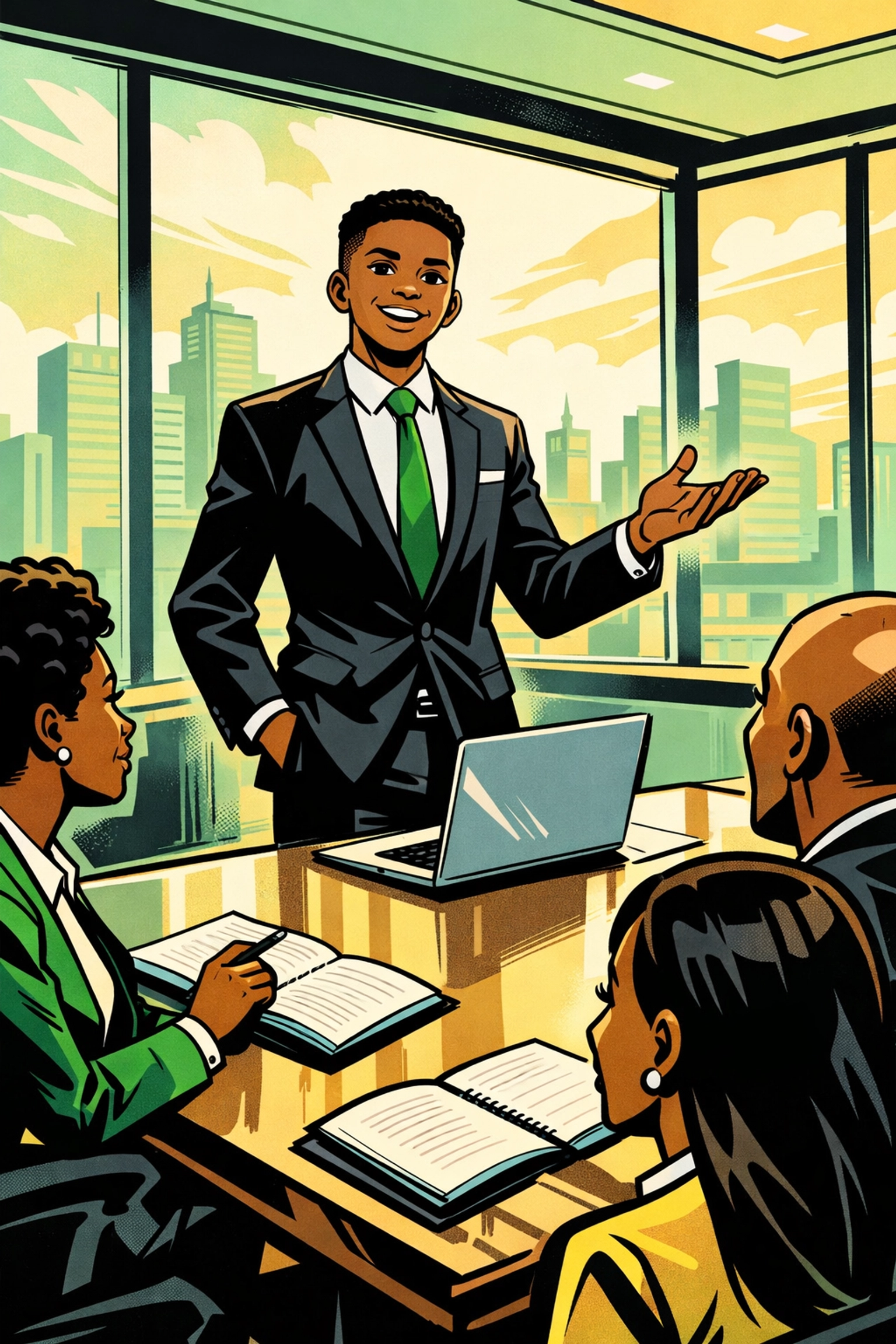Young Black professional presenting confidently in boardroom showing leadership development