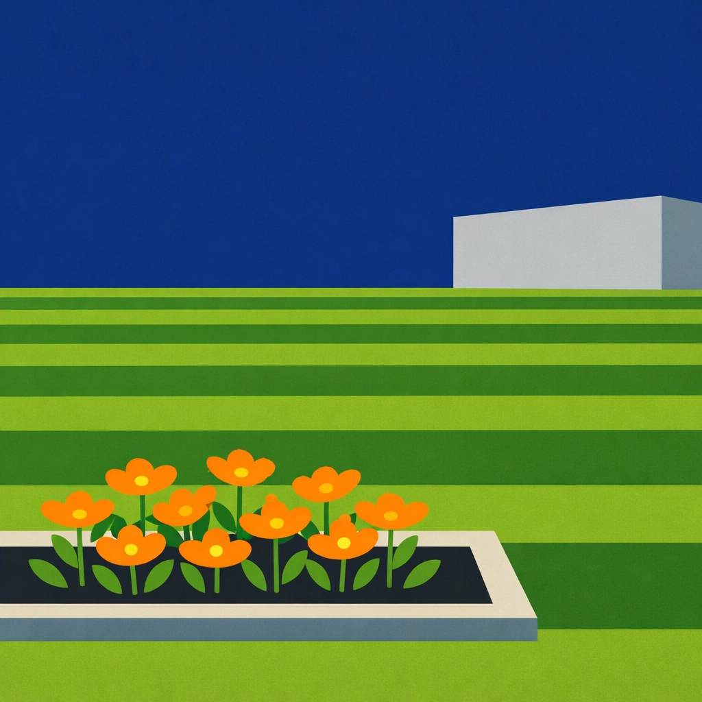 Professional lawn care showing perfectly manicured grass stripes and garden beds.