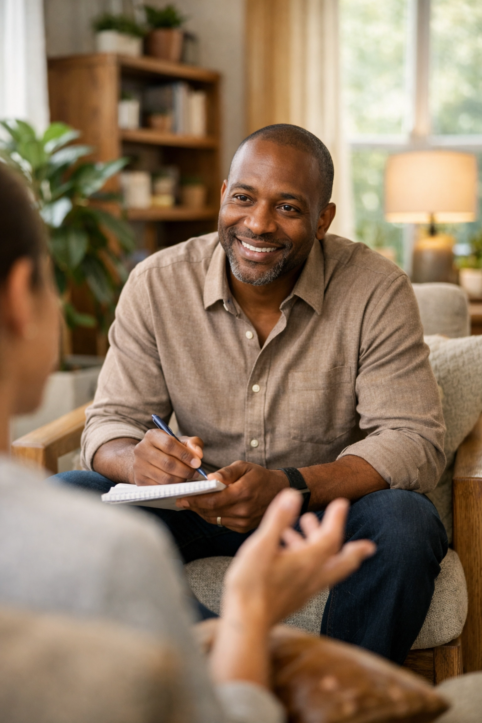 Behavioral health therapist counseling client in supportive mental health session