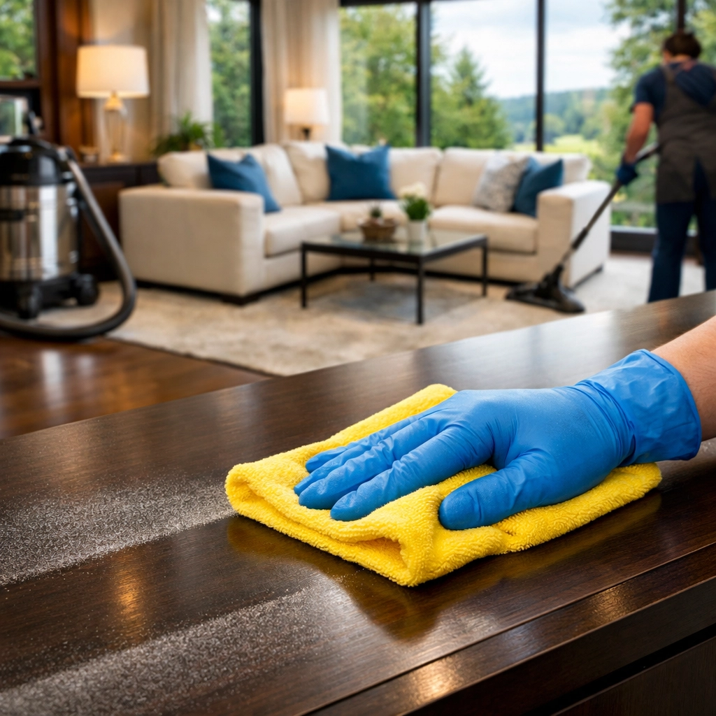 Professional house cleaning in Berlin MA showing a surface being sanitized in a modern living room.