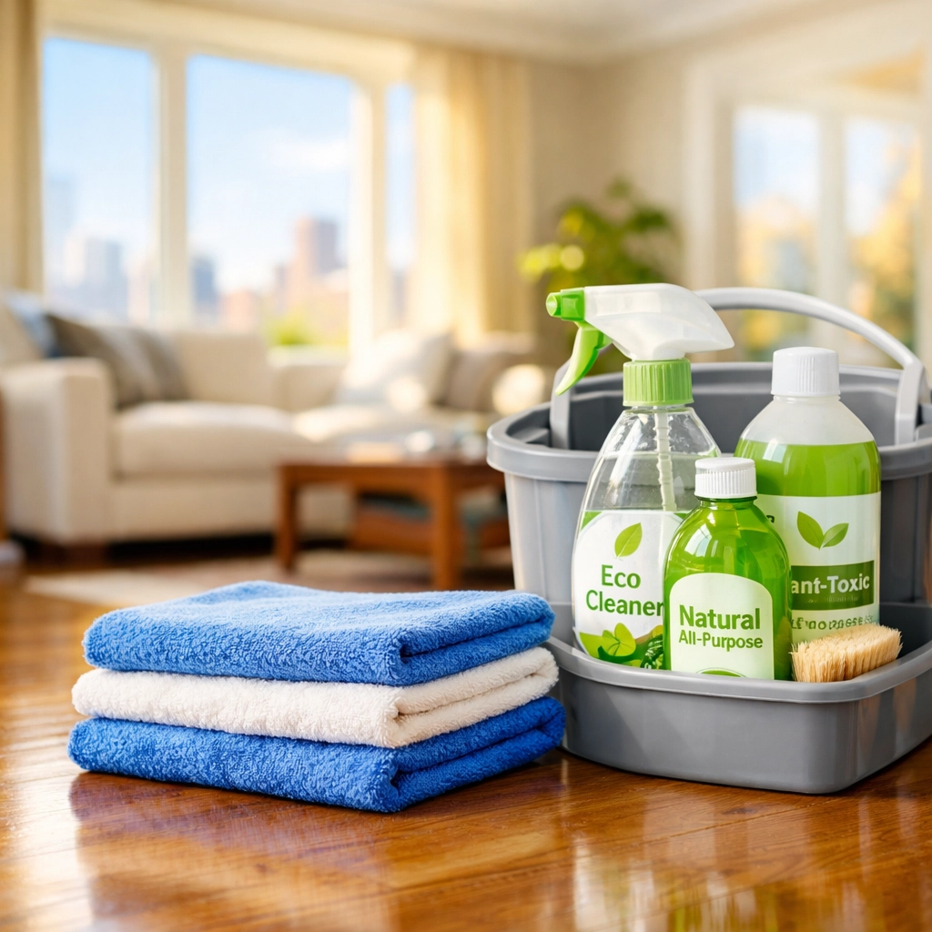 Professional eco-friendly cleaning supplies ready for a high-quality Boston apartment turnover.