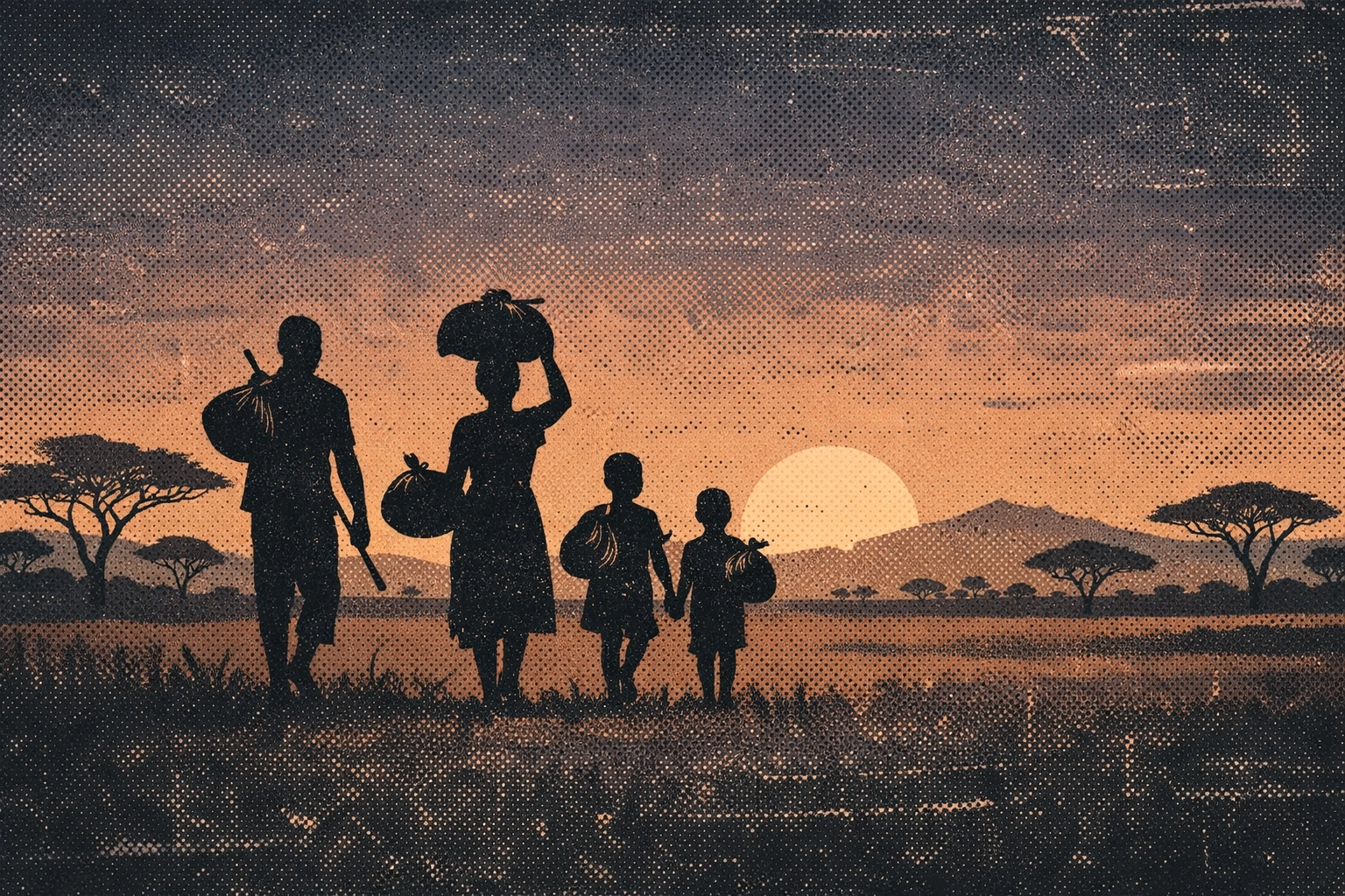 Silhouette of a displaced South Sudanese family traveling across the savanna seeking safety.