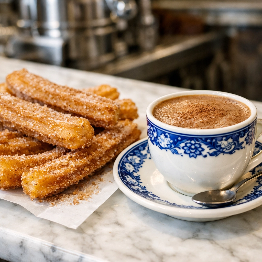 Crispy churros with Mexican hot chocolate at a historic churrería, a must-try budget food in CDMX.