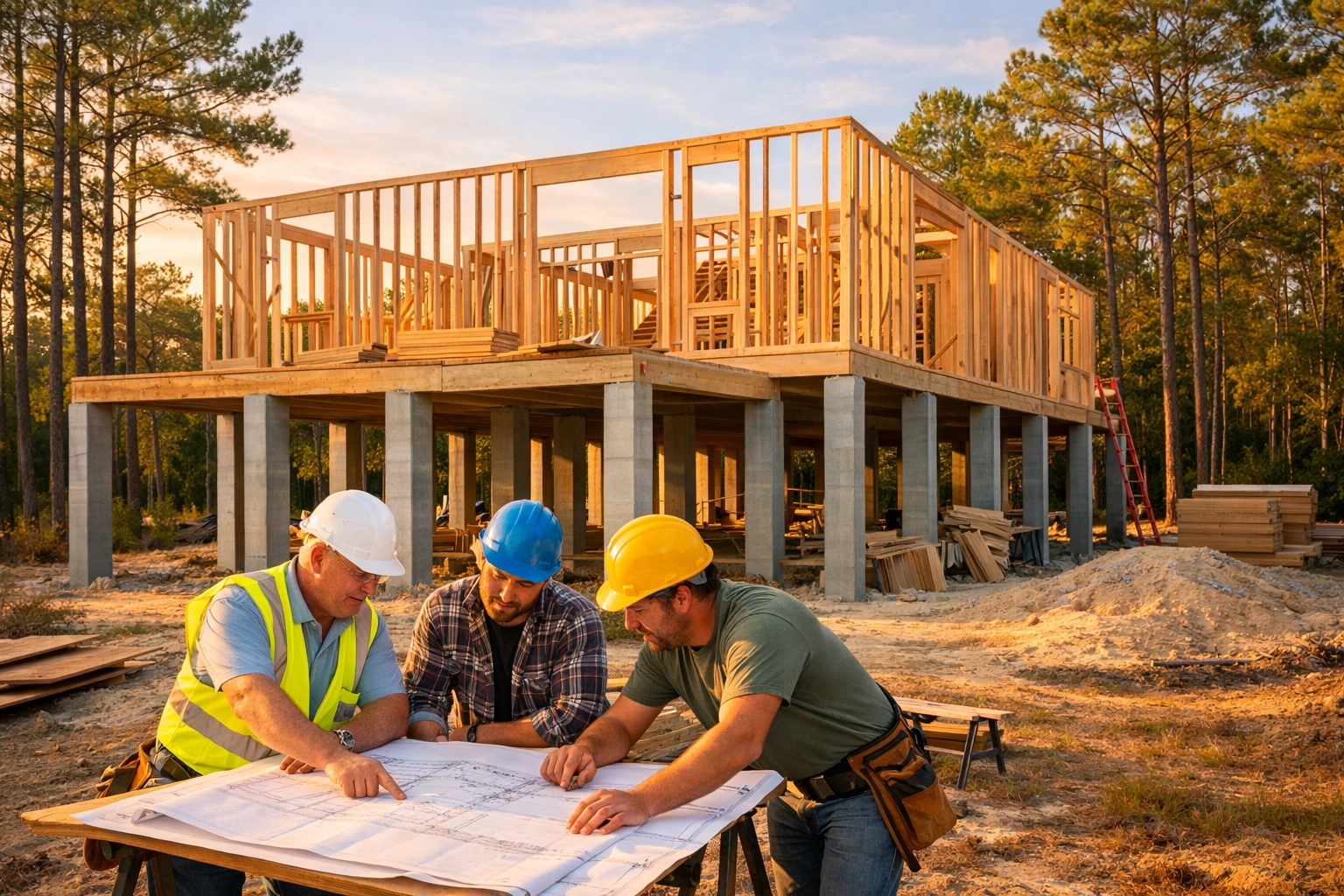 Custom home under construction in Leland NC with elevated foundation and framing