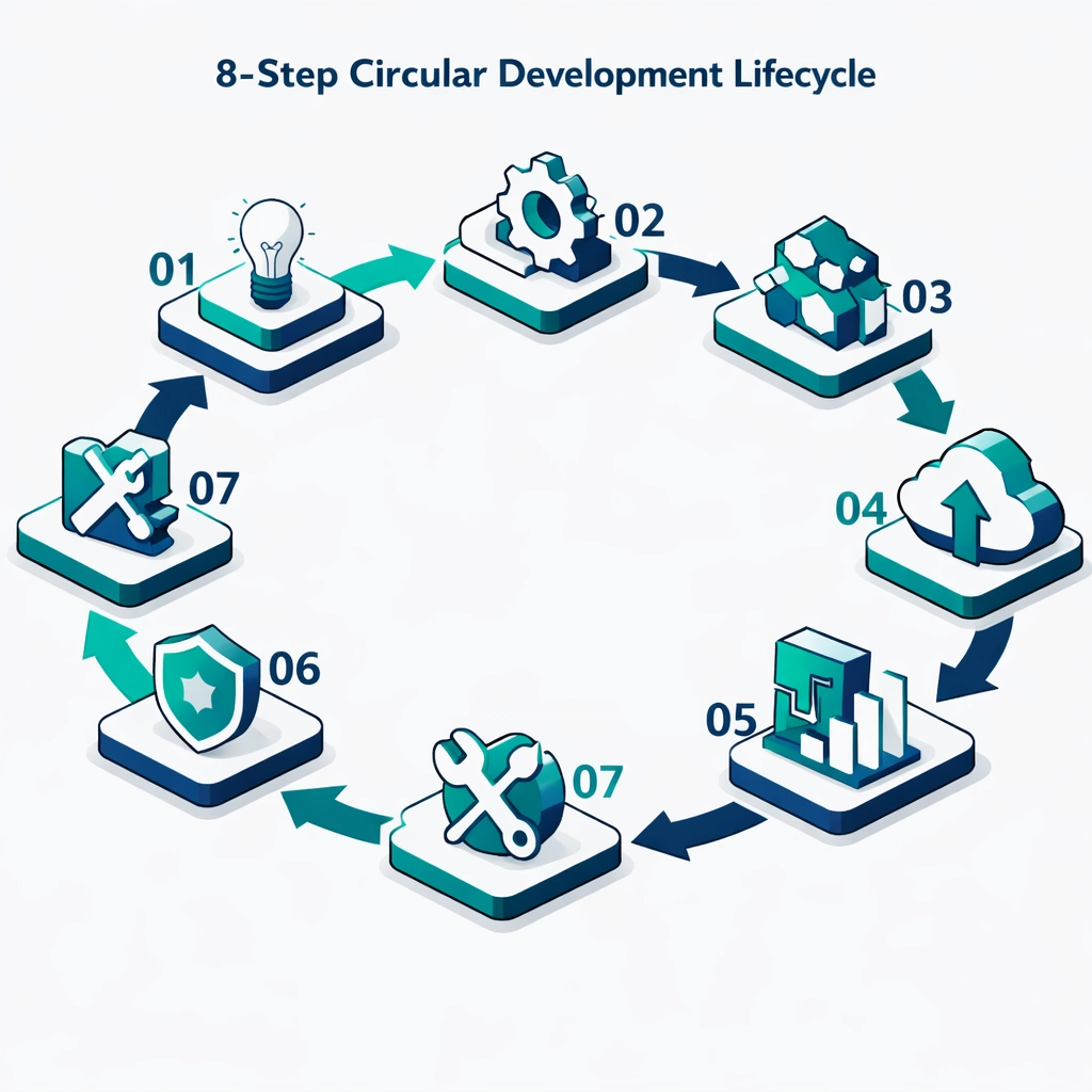8-step microservices development lifecycle diagram illustrating a structured bespoke software development workflow.