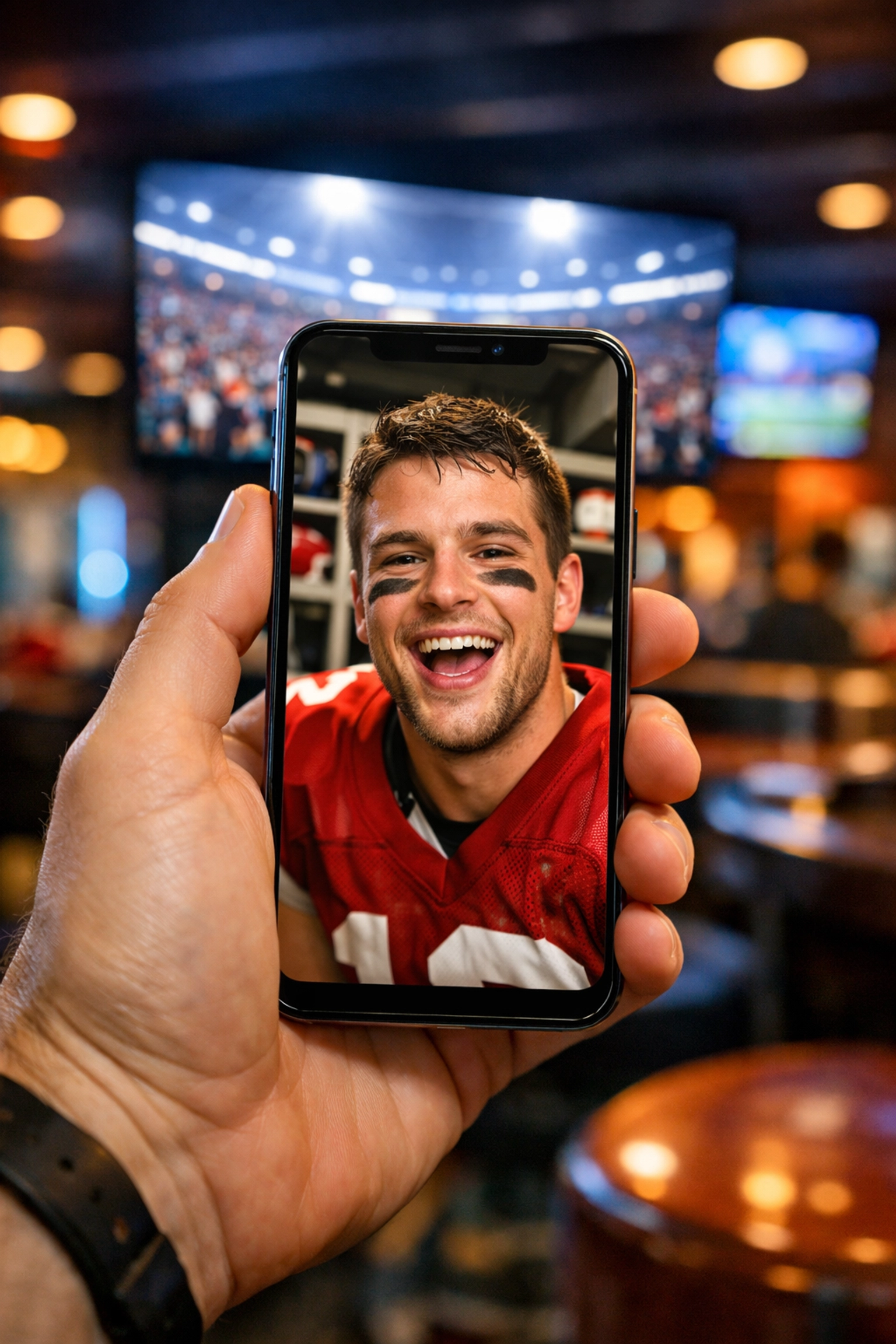 Smartphone displaying authentic social media content from a college football player in a sports lounge.