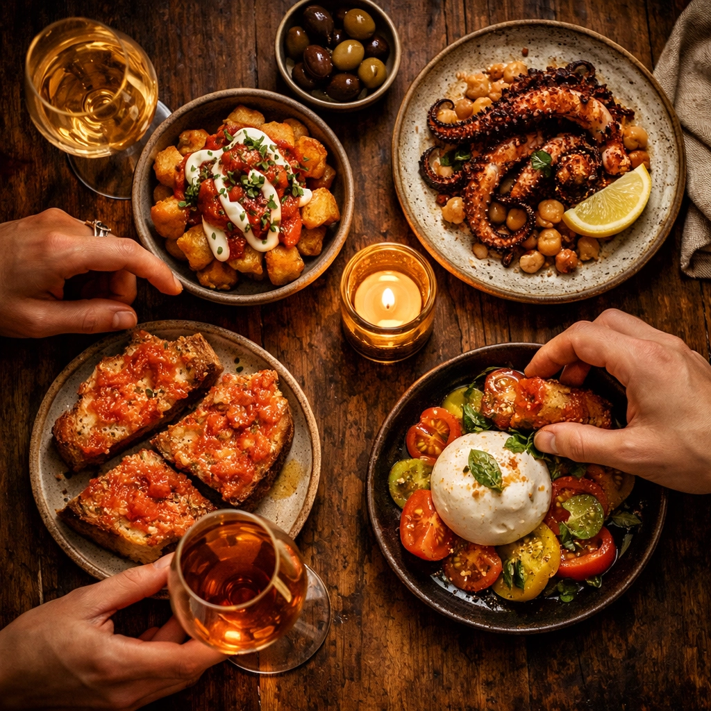 Mediterranean small plates with tapas and wine glasses on rustic table at Bacari restaurant