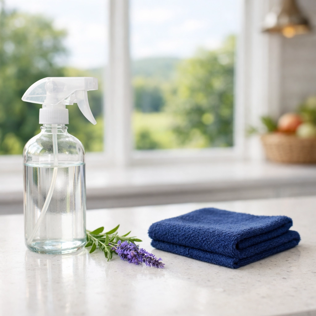 Eco-friendly residential cleaning Massachusetts in a Dover kitchen featuring non-toxic supplies and microfiber.