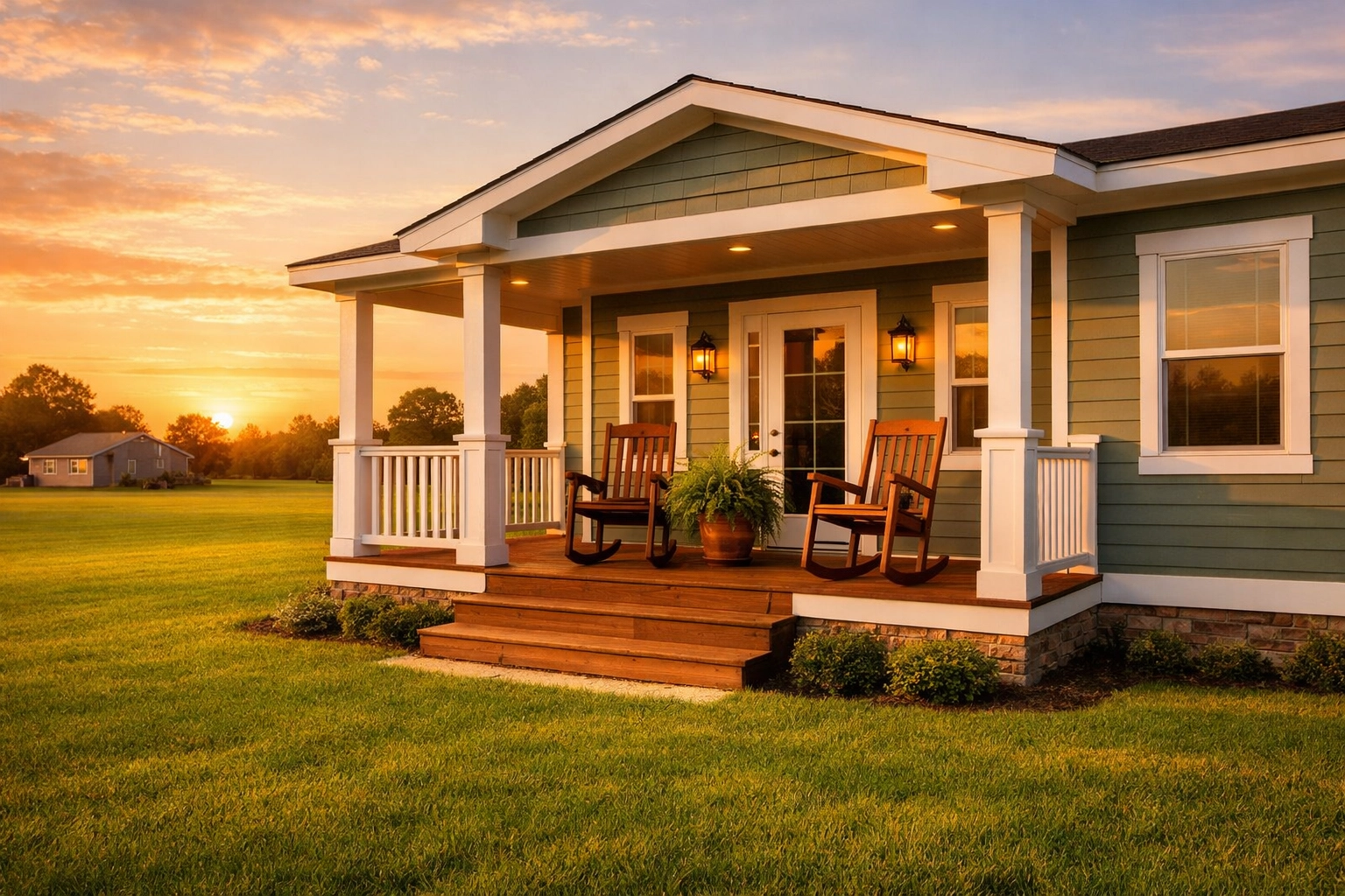 Modern manufactured home with a large front porch on a spacious lot in Terrell, Texas.