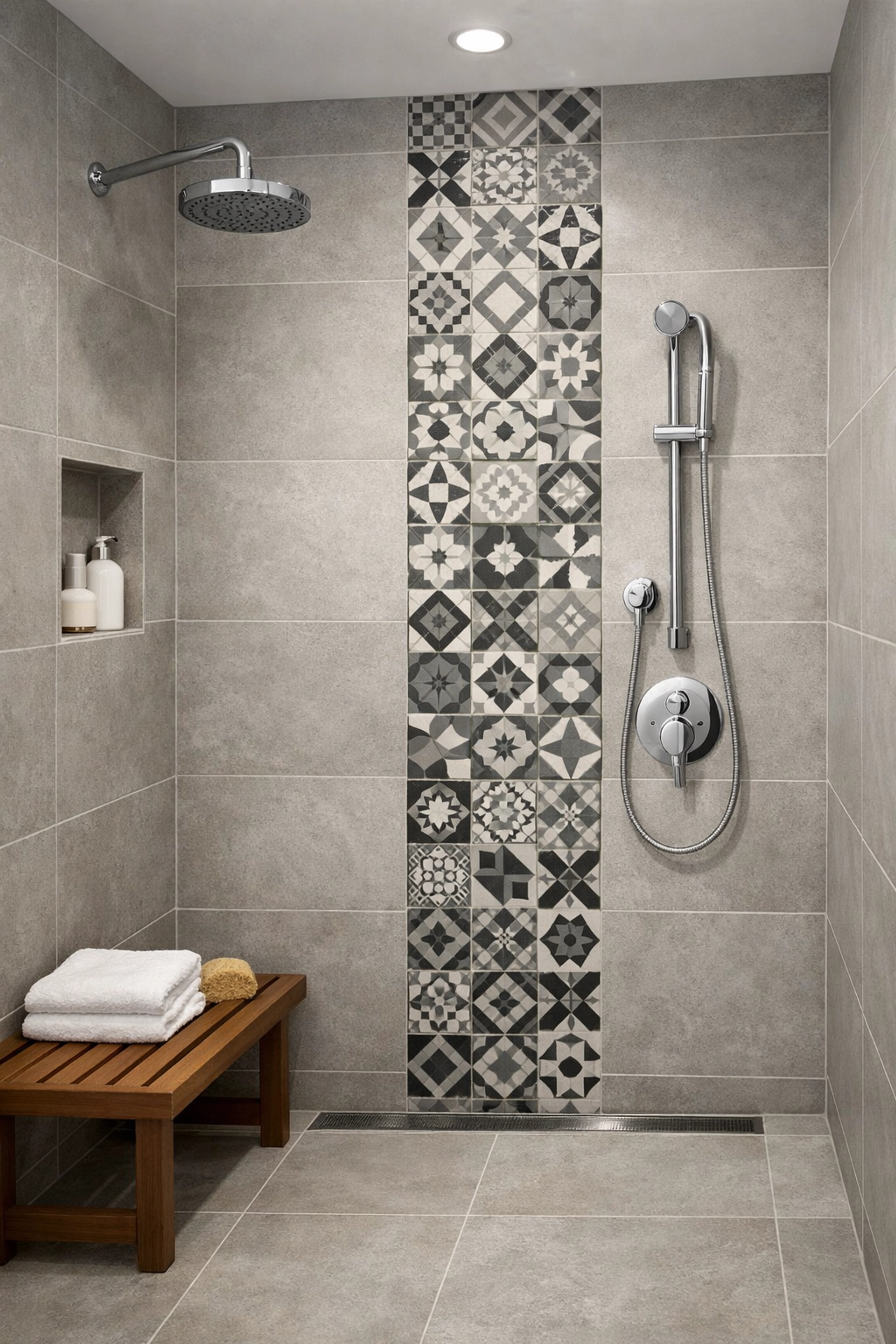 Modern bathroom tile installation Orlando featuring neutral tiles with decorative pattern accent