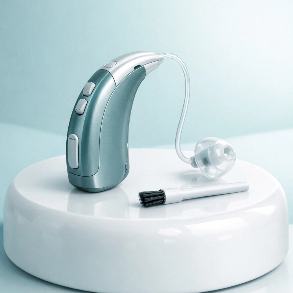 Modern hearing aid and cleaning brush for professional pre-travel maintenance.