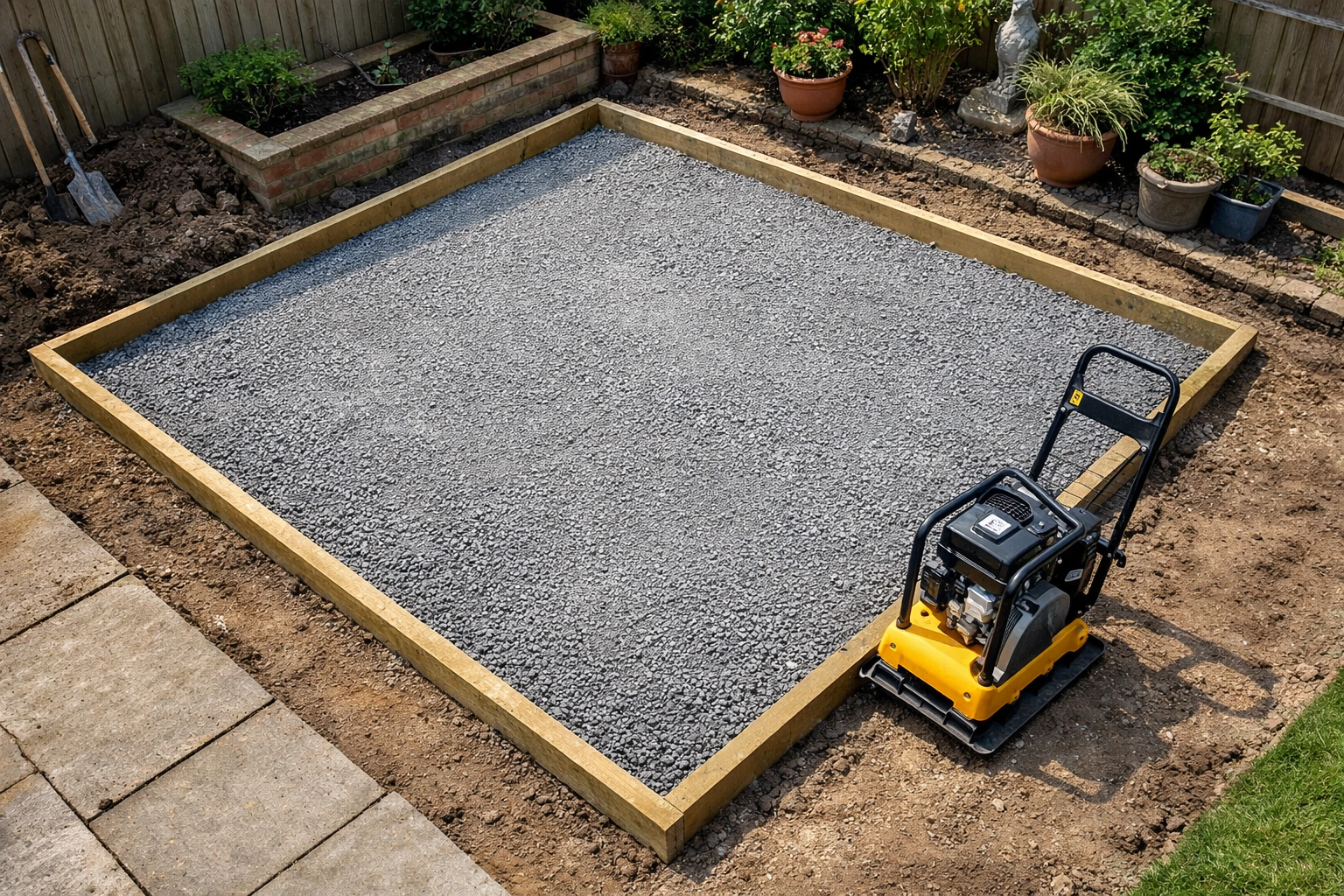 Professional sub-base preparation for artificial grass installation in a Cardiff garden renovation.