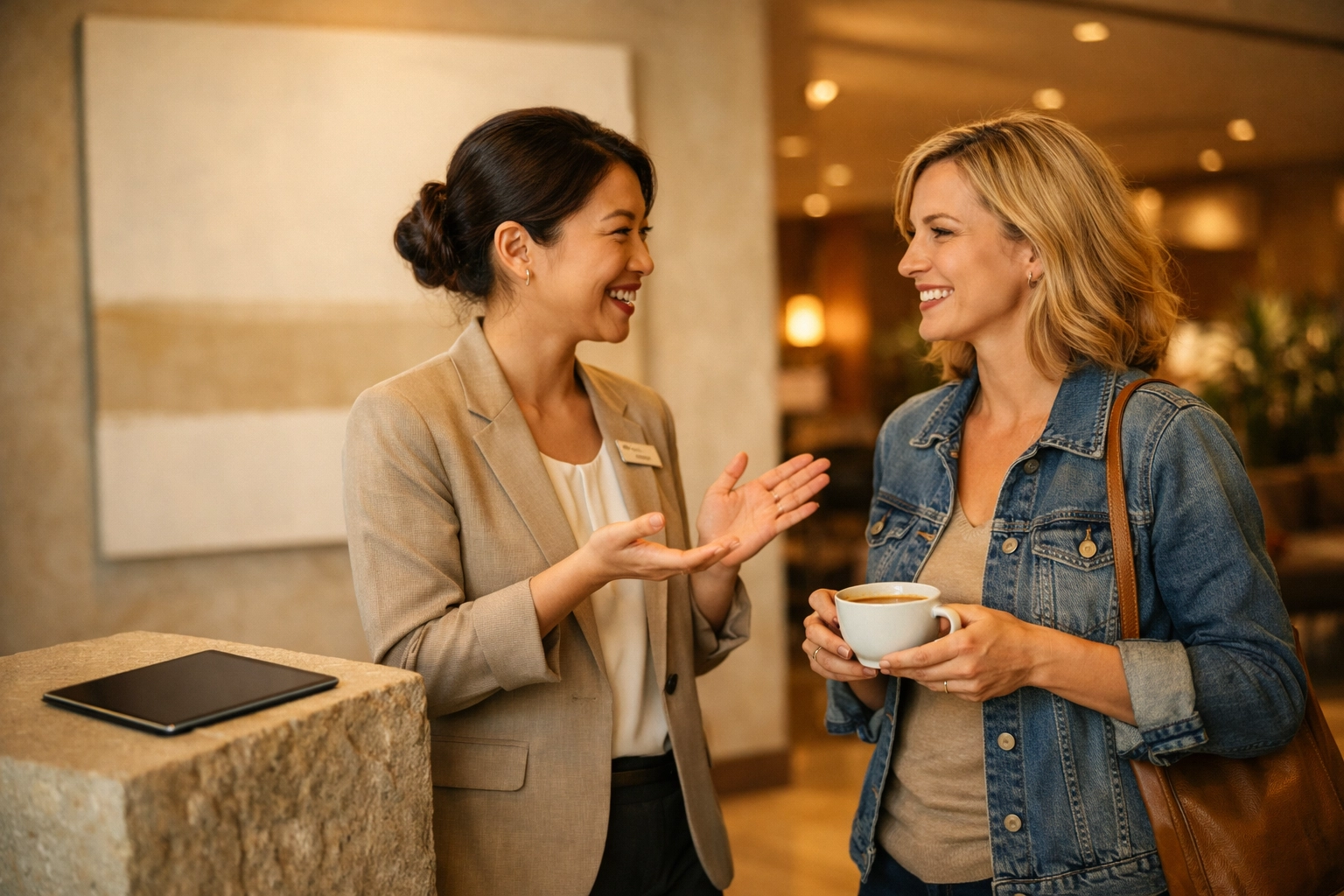 Hotel staff and guest sharing a warm conversation, highlighting the human connection in AI-enabled hospitality.