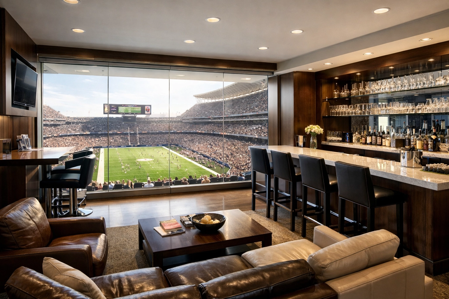 Luxury corporate stadium suite with elite hospitality amenities overlooking a professional football field.