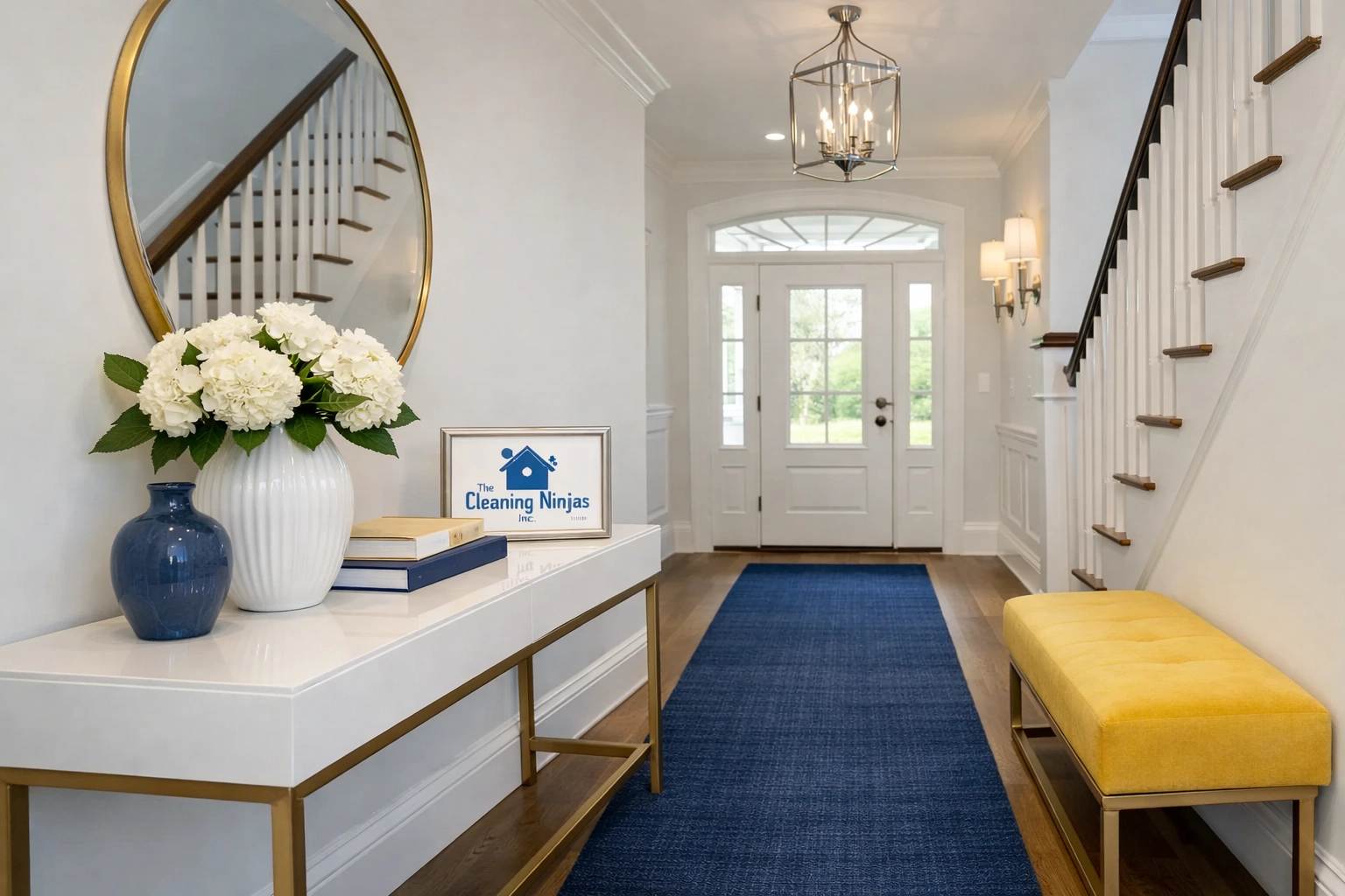 Stunning home entryway with navy rug and yellow bench, showing The Cleaning Ninjas' professional finish.