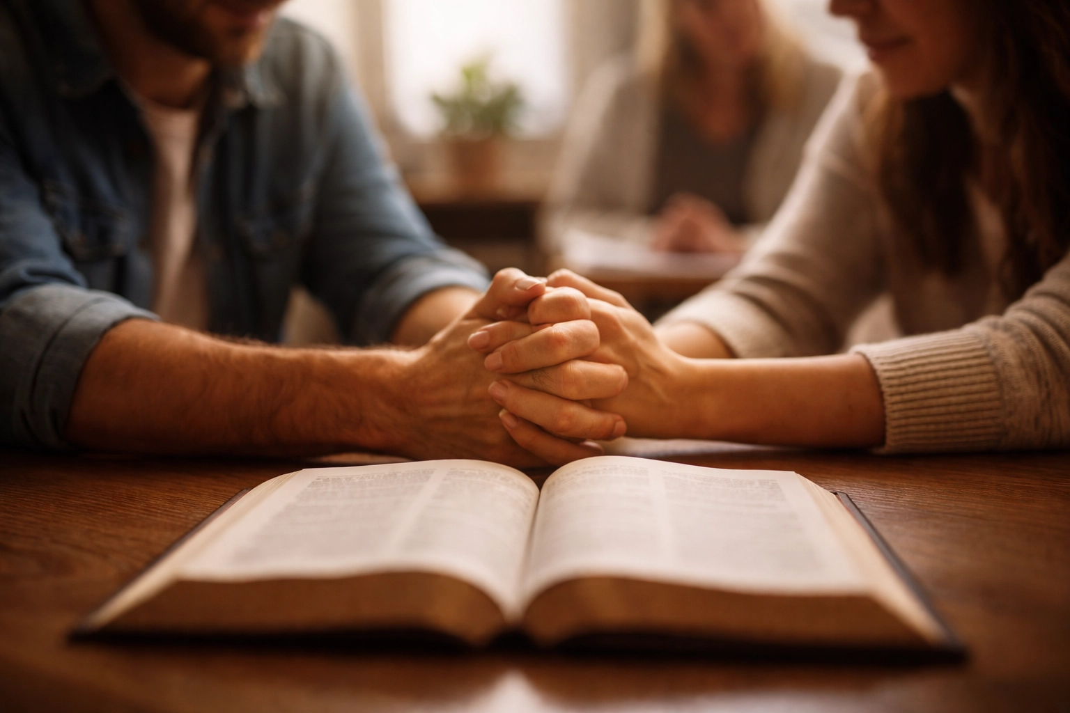 A couple holds hands over a Bible during deliverance ministry, showing hope and restoration in spiritual warfare.