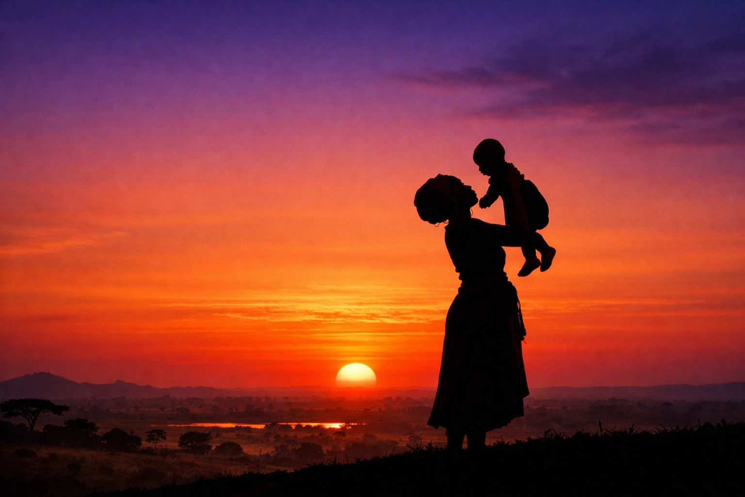 Silhouette of an African mother holding her child at sunset, highlighting a future of hope.