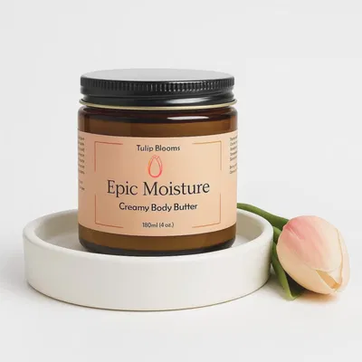 Epic Moisture Creamy Body Butter jar with a fresh tulip beside it