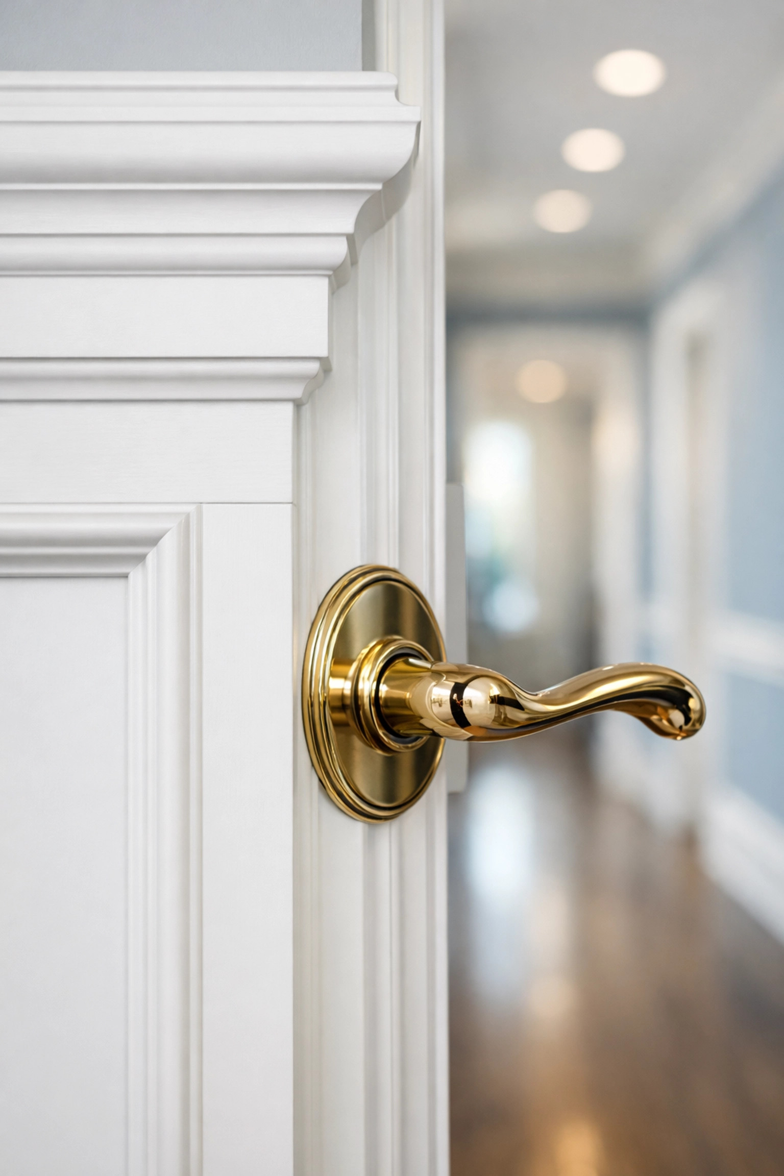 Detailed view of dust-free white molding and polished door handle after a thorough Bolton move-out clean.