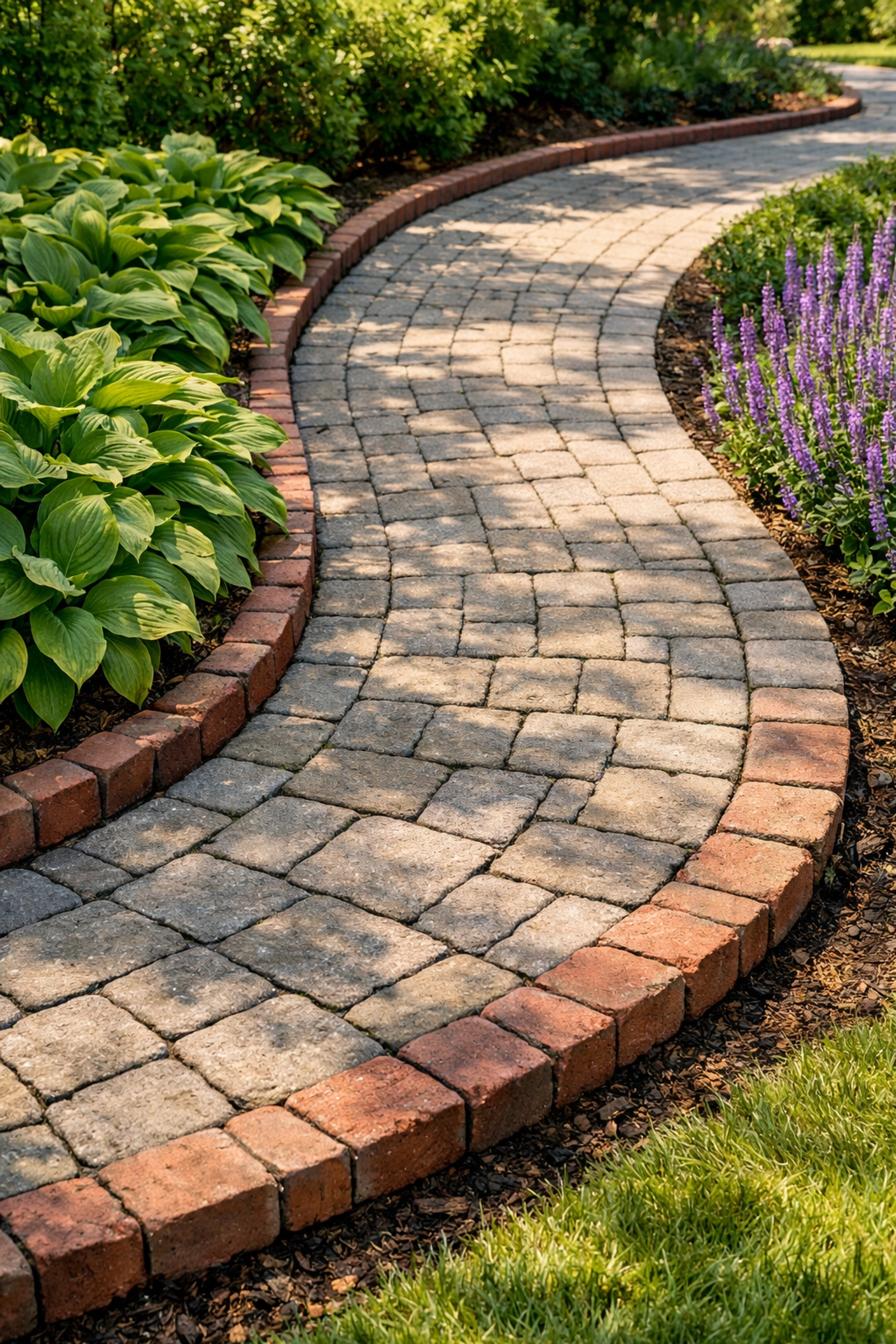 Garden path with clear brick edging to define walkways and prevent tripping hazards.