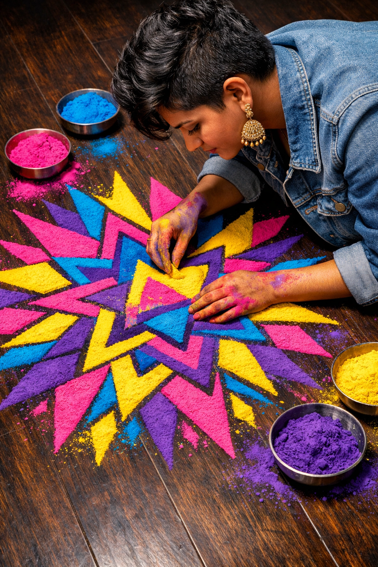 Queer South Asian person designing a pride-colored Rangoli for Diwali in traditional attire.