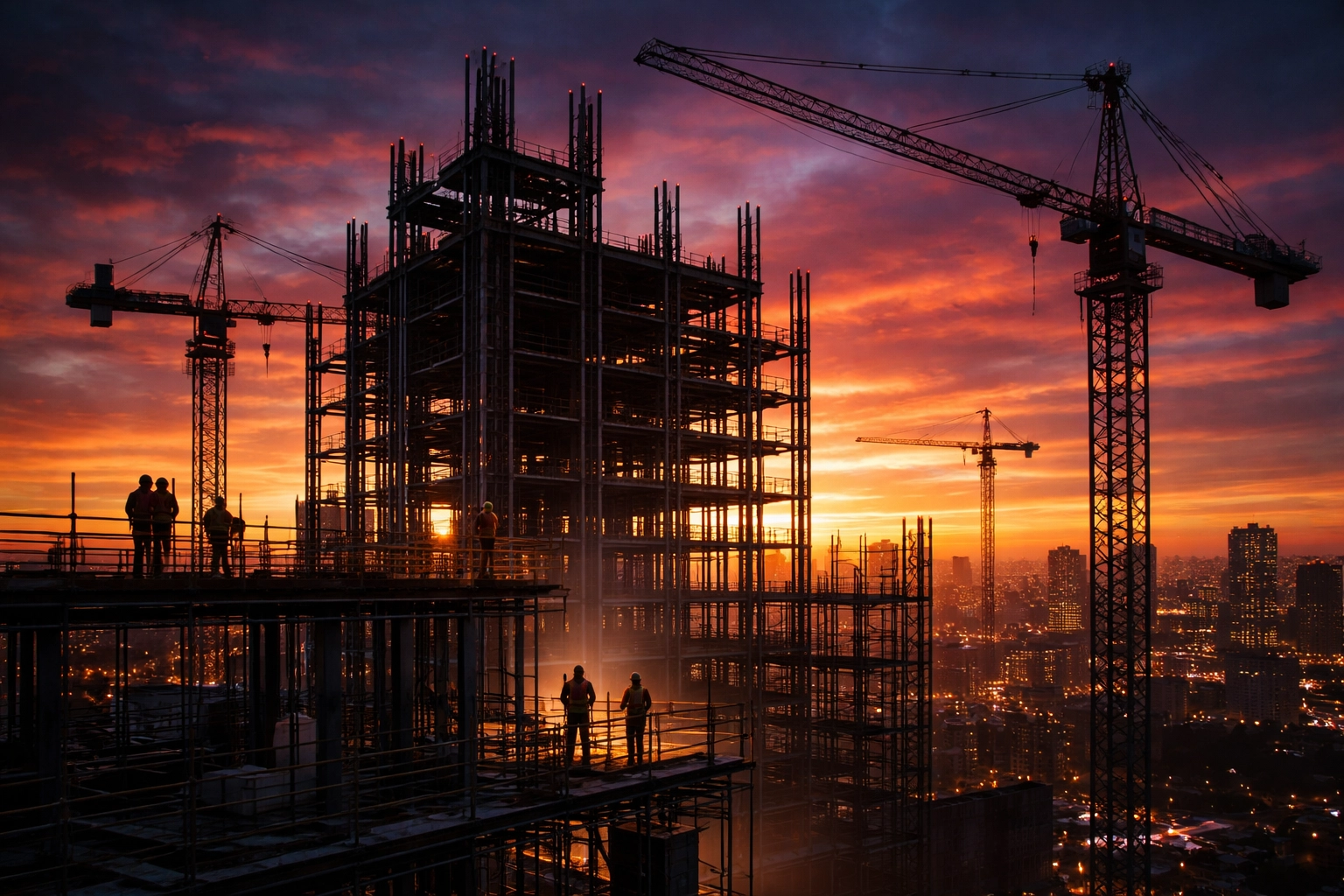 High-rise construction site at sunset, representing new development and private equity real estate opportunities.