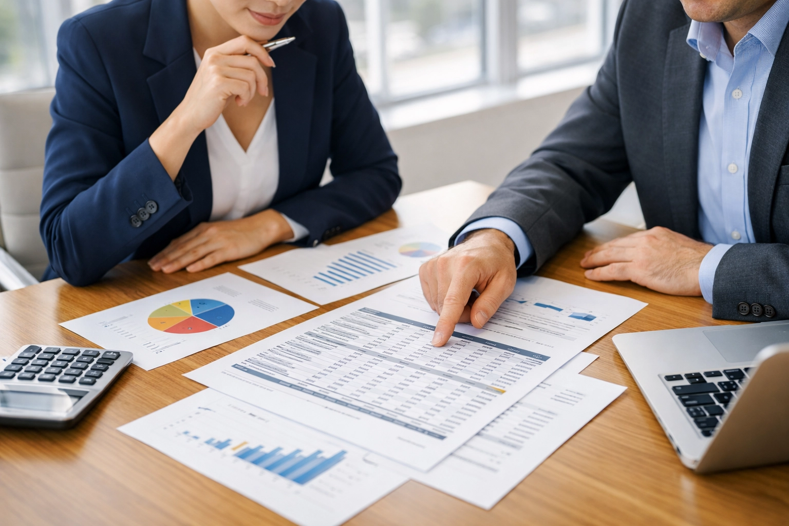 Franchise consultant reviewing financial projections and cost breakdown with prospective franchisee