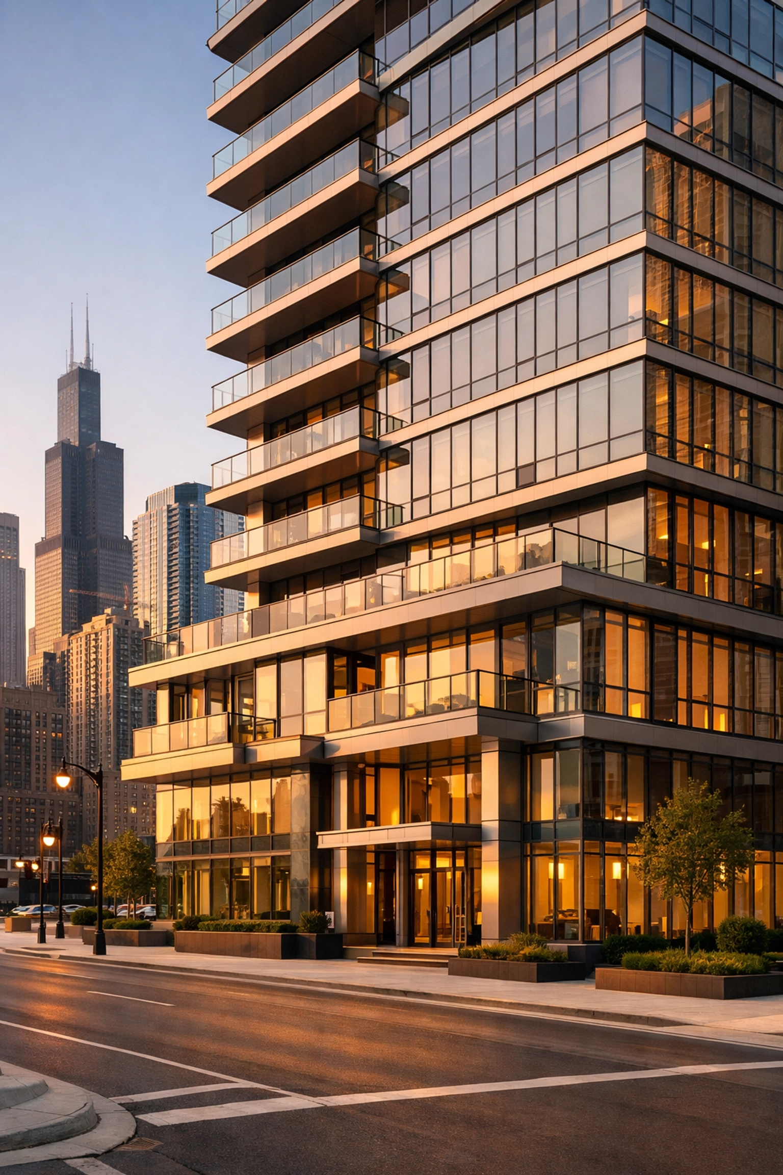 Modern luxury apartment building in downtown Chicago CHI representing a Midwest property management portfolio.