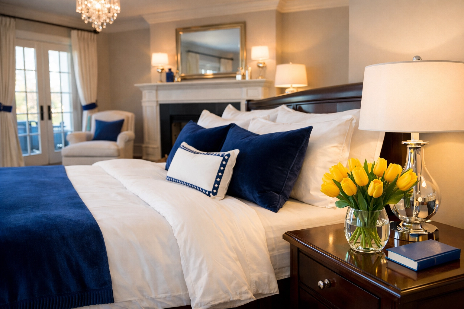 Impeccably detailed luxury master bedroom in a Sudbury estate featuring crisp white linens and navy accents.