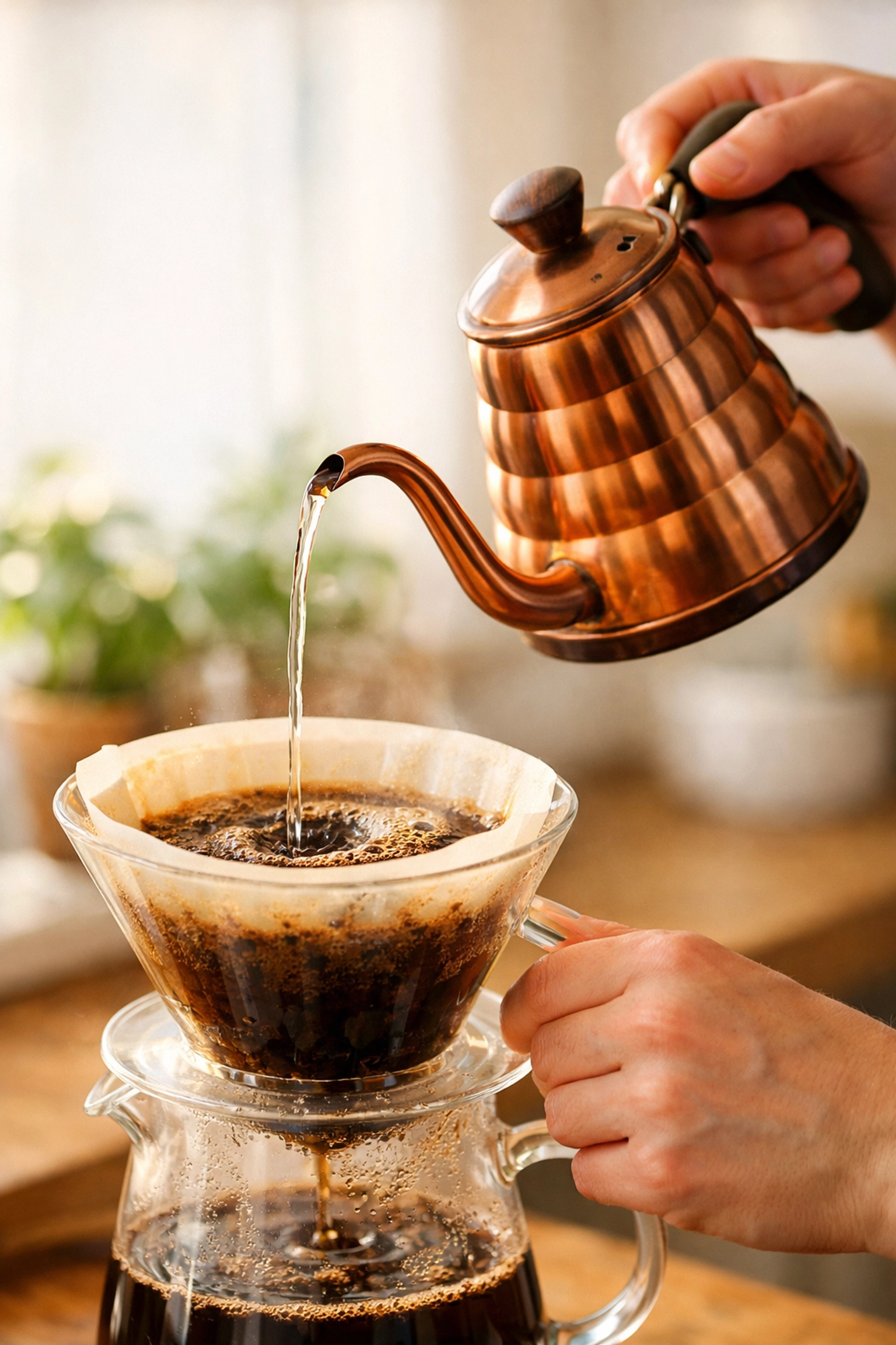 Hand pouring water from a gooseneck kettle to master the perfect pour over technique.