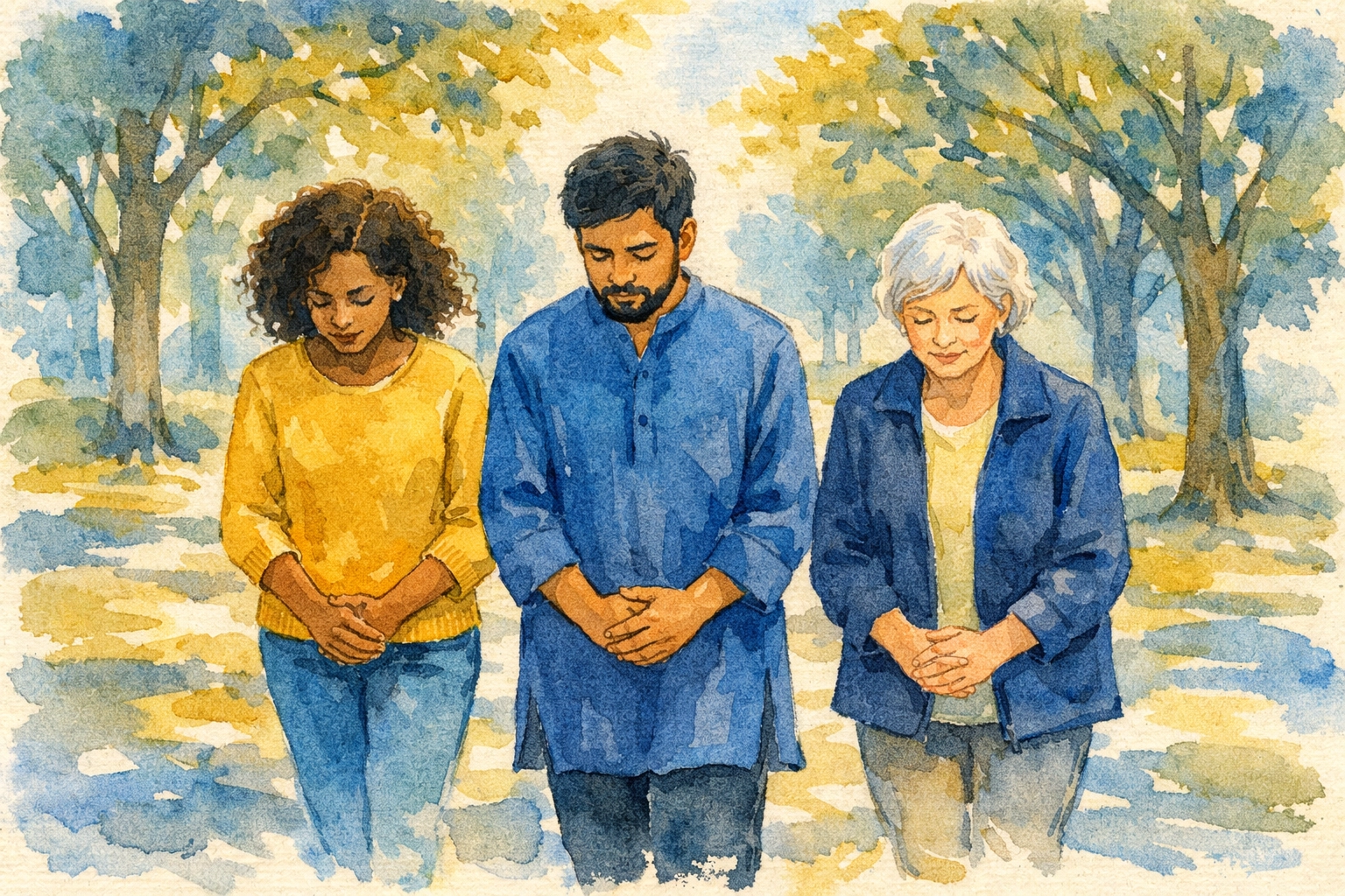Three people prayer walking together on peaceful park path during sabbath