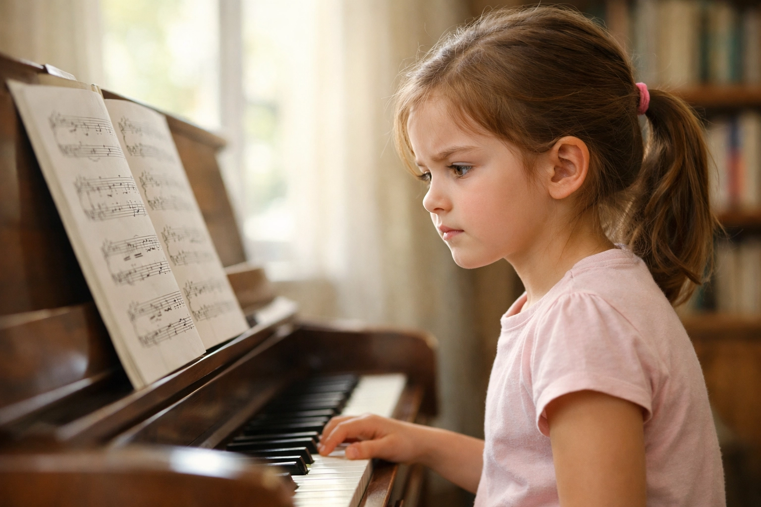 Young student studying music theory during piano lessons for kids to boost academic success.