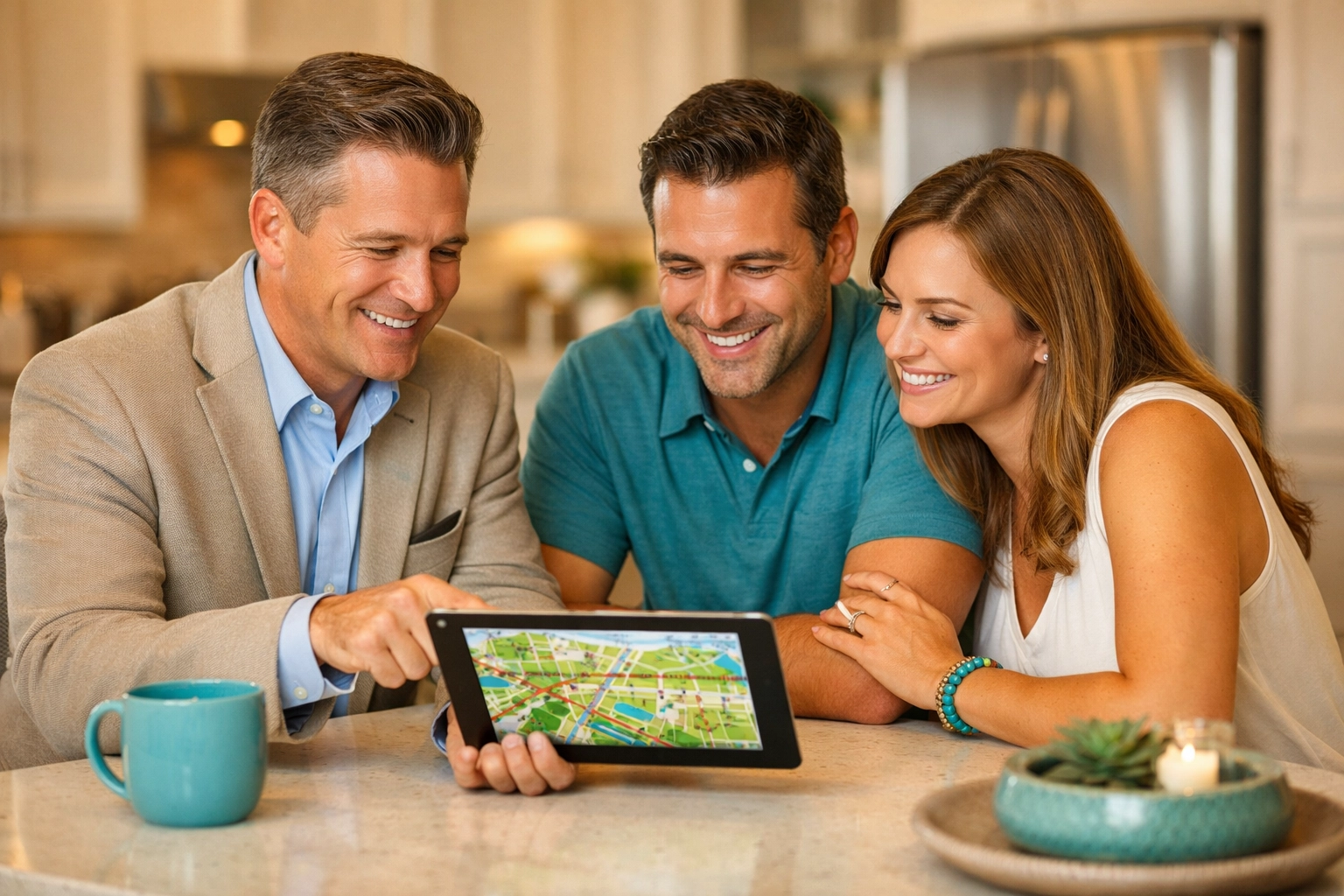 Phoenix homeowners reviewing a neighborhood market report with a real estate agent.
