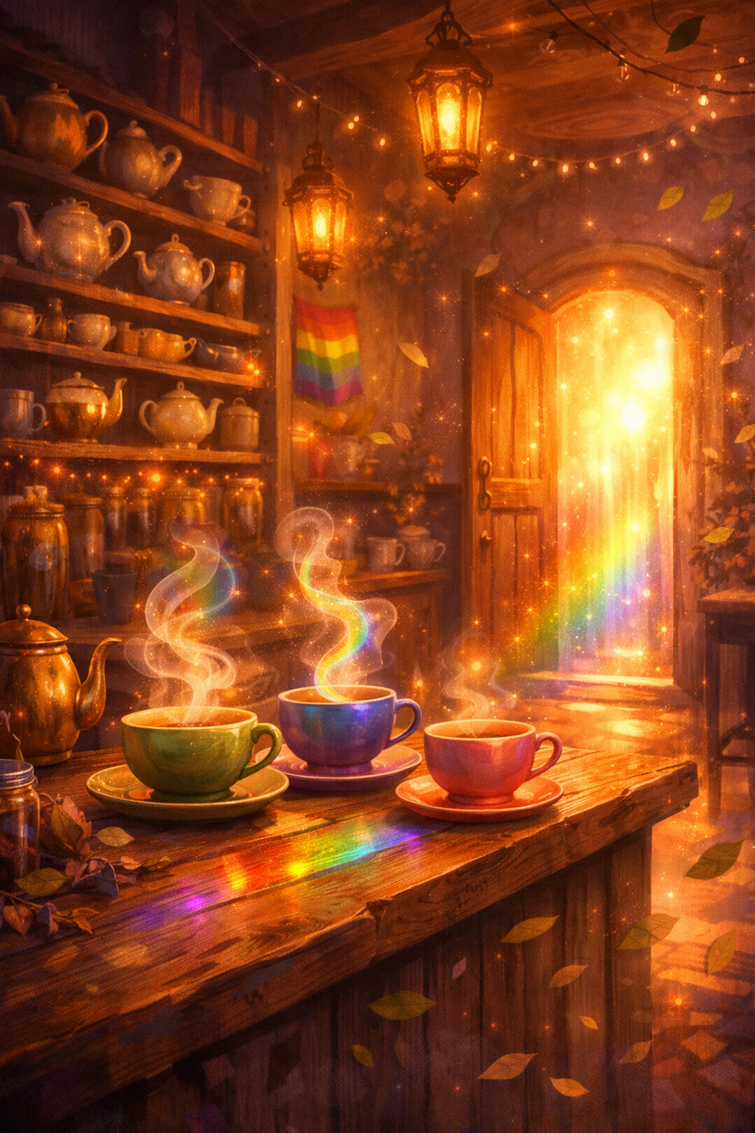 Magical tea shop from Under the Whispering Door MM romance with glowing afterlife door