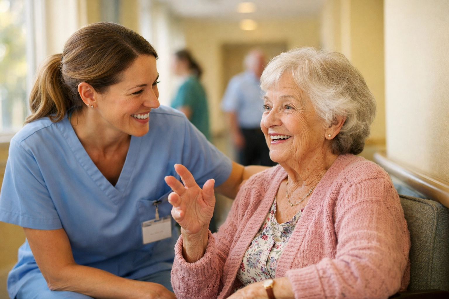 Caregiver having warm conversation with elderly resident in Sarasota assisted living community