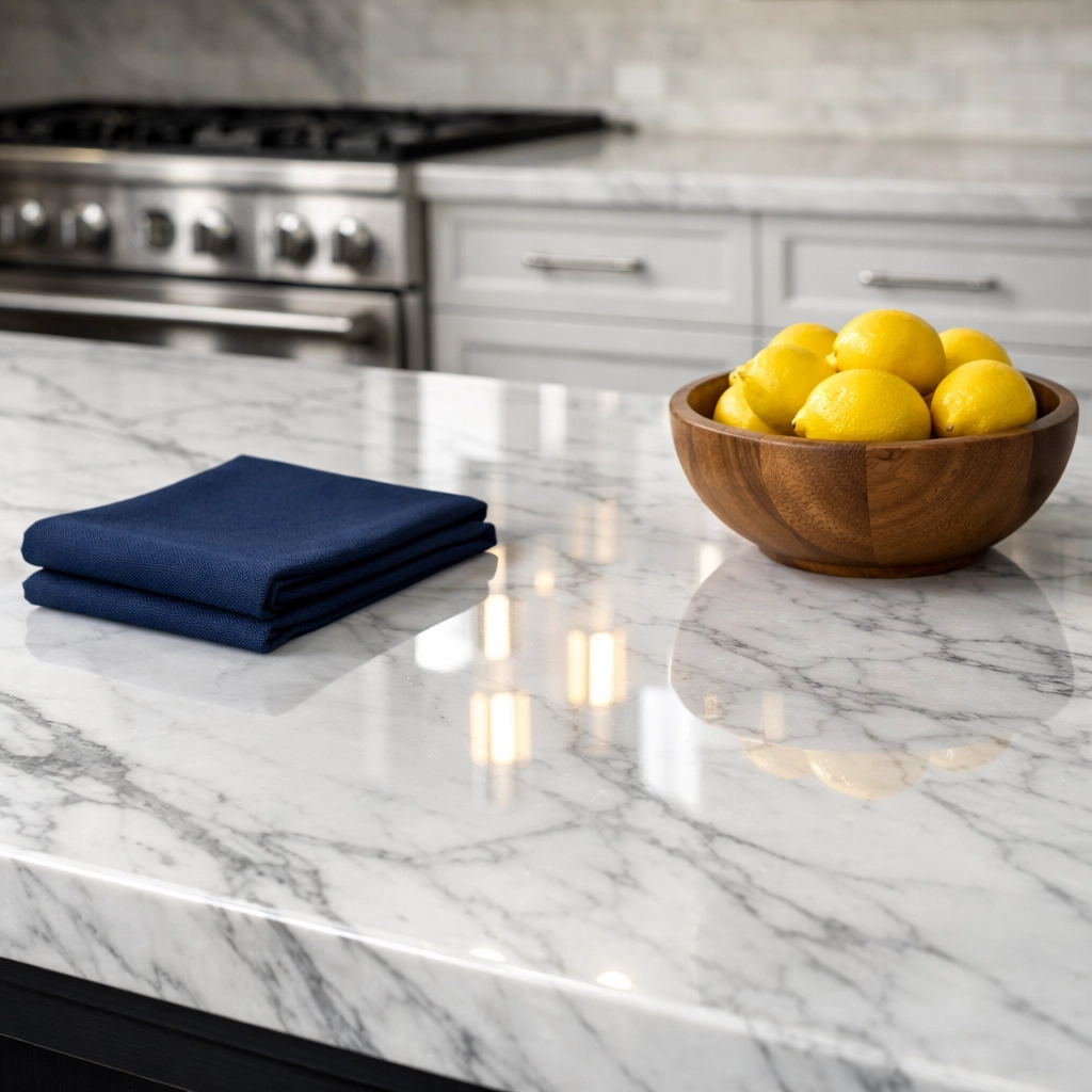 Spotless white marble kitchen island in a Needham home showing the results of weekly house cleaning.