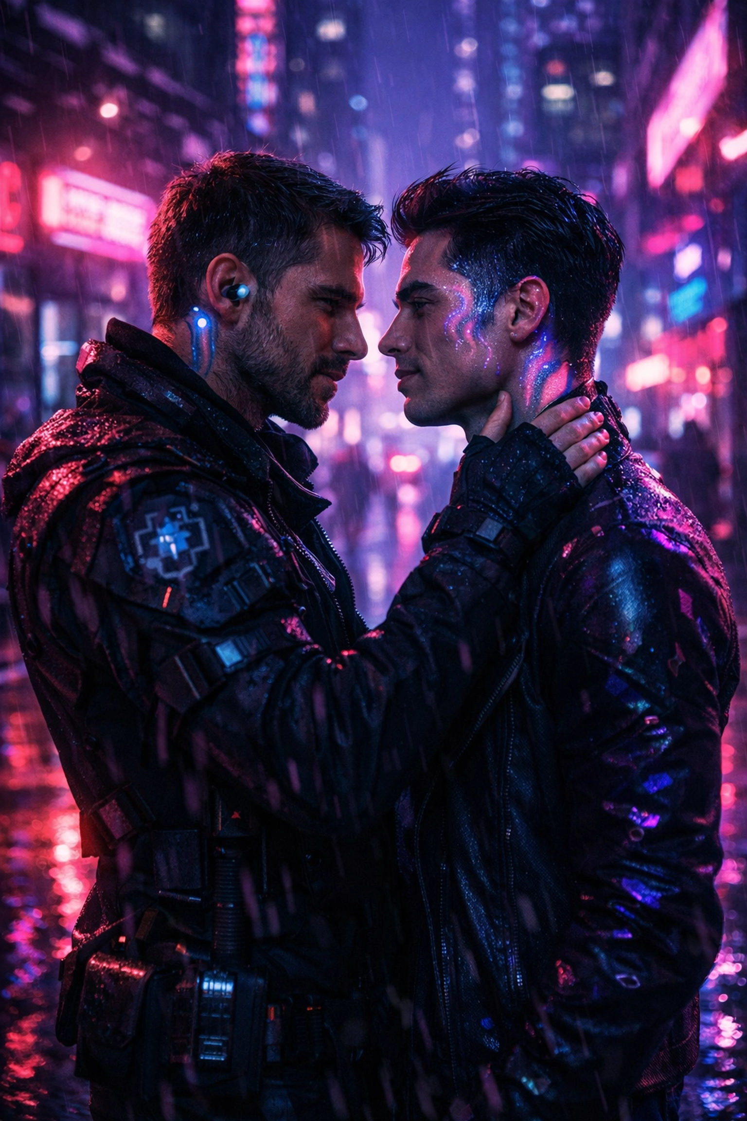 Two men in a neon cyberpunk setting from one of the best sci-fi MM romance books of 2026.